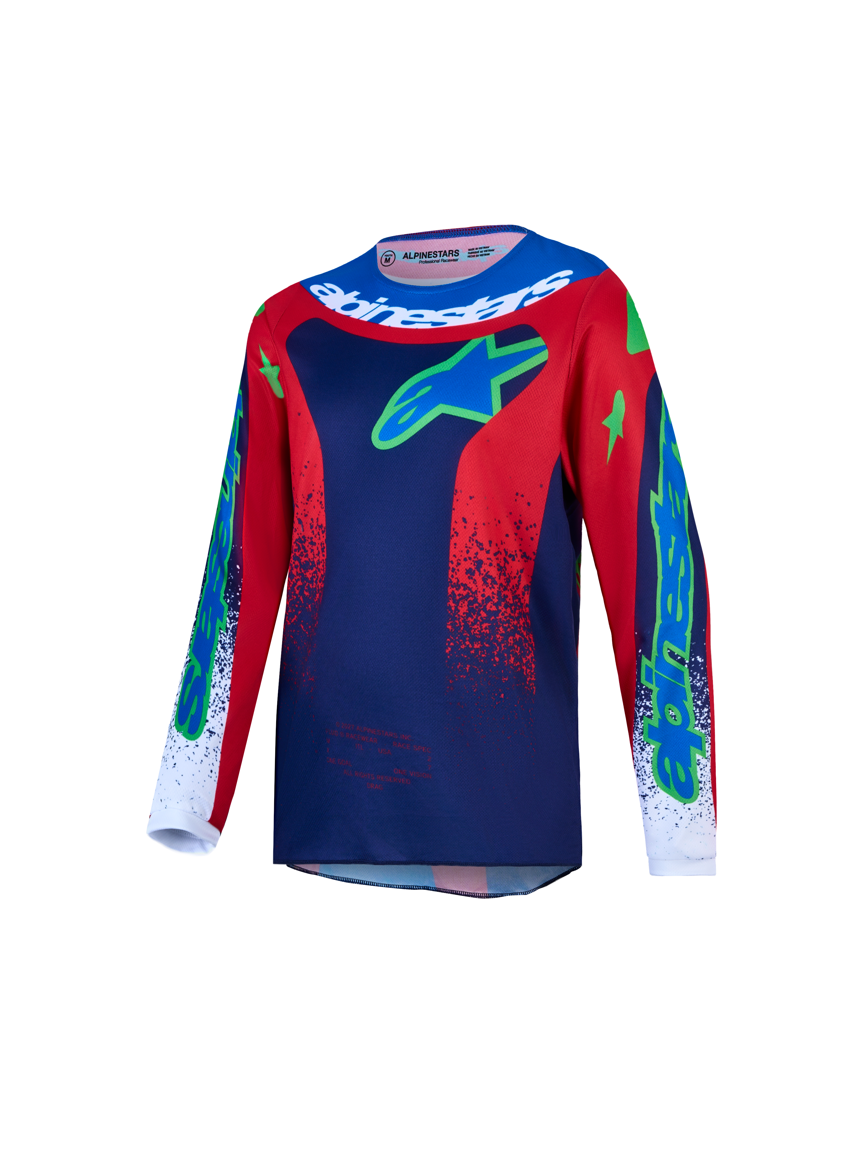Alpinestars Jeugd Fluid Drag Jersey, motorcrossjersey voor off-road rijden, jeugd, blauw en rood, vochtafvoerend polyfabric.