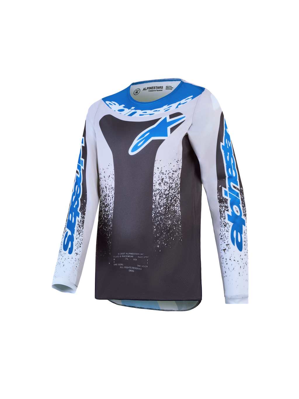 Alpinestars Jeugd Fluid Drag jersey 2027, motocross racing jersey voor kinderen, grijs en blauw, ademend polyfabric.