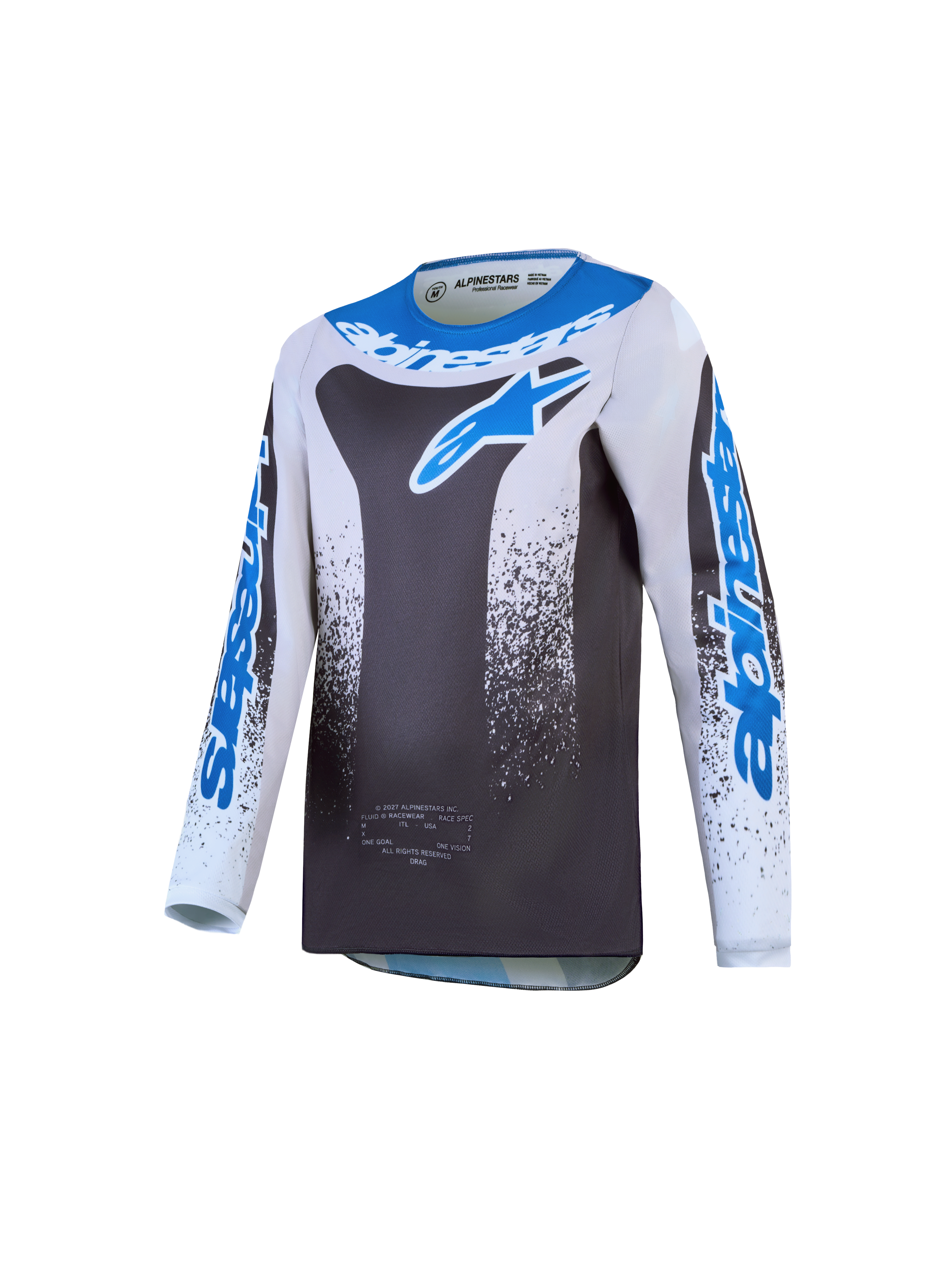 Alpinestars Jeugd Fluid Drag jersey 2027, motocross racing jersey voor kinderen, grijs en blauw, ademend polyfabric.