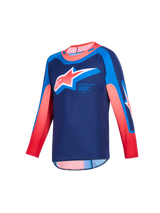 Alpinestars 2026 Youth Supertech Vista Jersey, Motocross Jersey, Dark Navy Hot Coral and Cobalt, front view featuring a large A-star chest logo, long-sleeve athletic race fit, and performance stretch mesh for youth off-road performance.