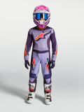 Alpinestars Jeugd Fluid Hunt Gear Set, paars en violet motocross-racingpak voor de jeugd met roze helm en motorlaarzen.