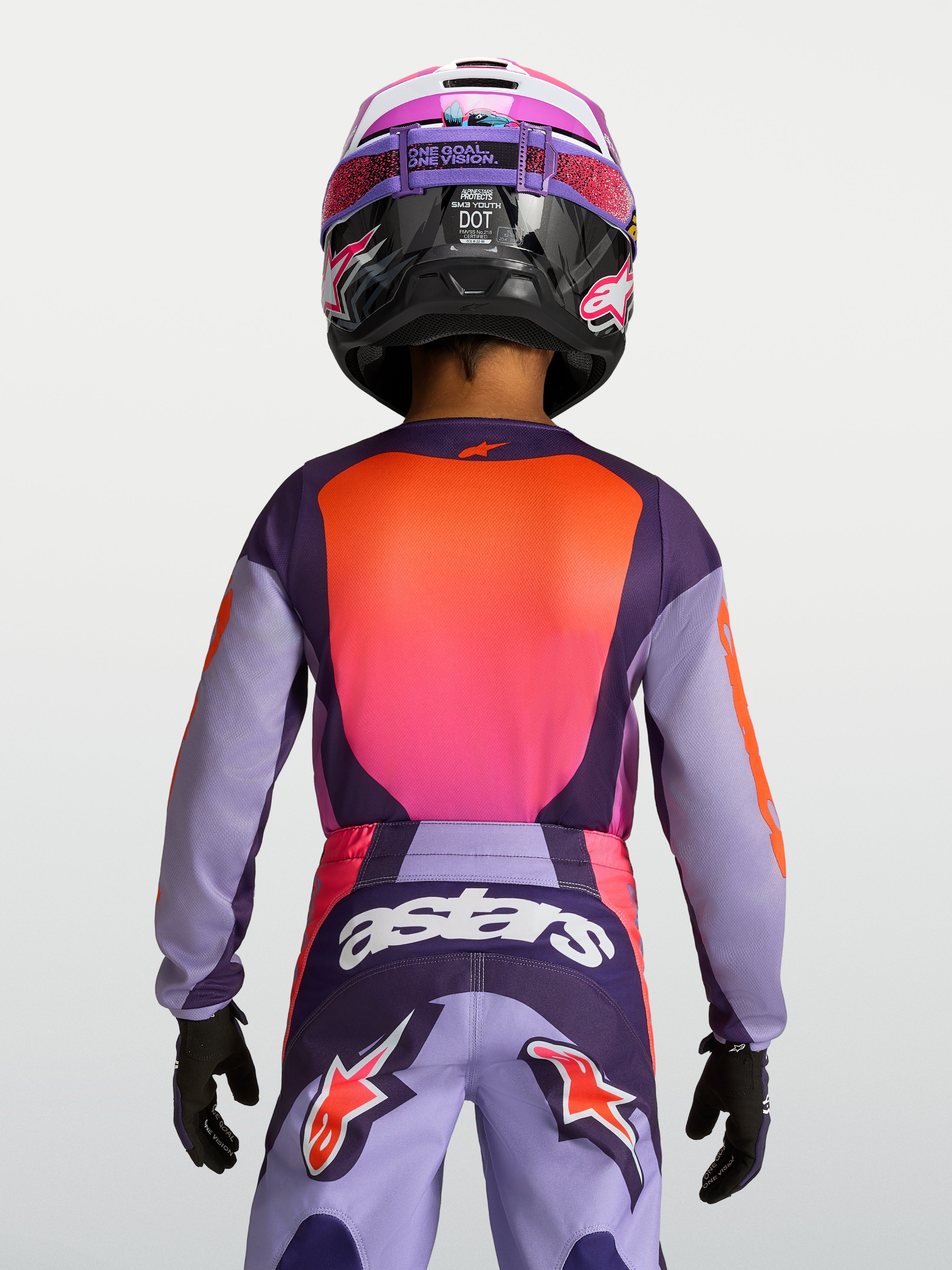 Alpinestars Jeugd Fluid Hunt Jersey, paarse en roze motorcrossjersey voor kinderen, vochtafvoerend materiaal, rugaanzicht.