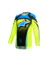 Alpinestars 2026 Youth Supertech Nomur Jersey, jeugd motocross shirt, geel fluo en donkerblauw met lichtblauwe accenten, opvallend lichtblauw Alpinestars-logo op de borst, technische stretch-mesh constructie met een verlengde achterkant voor off-road racing