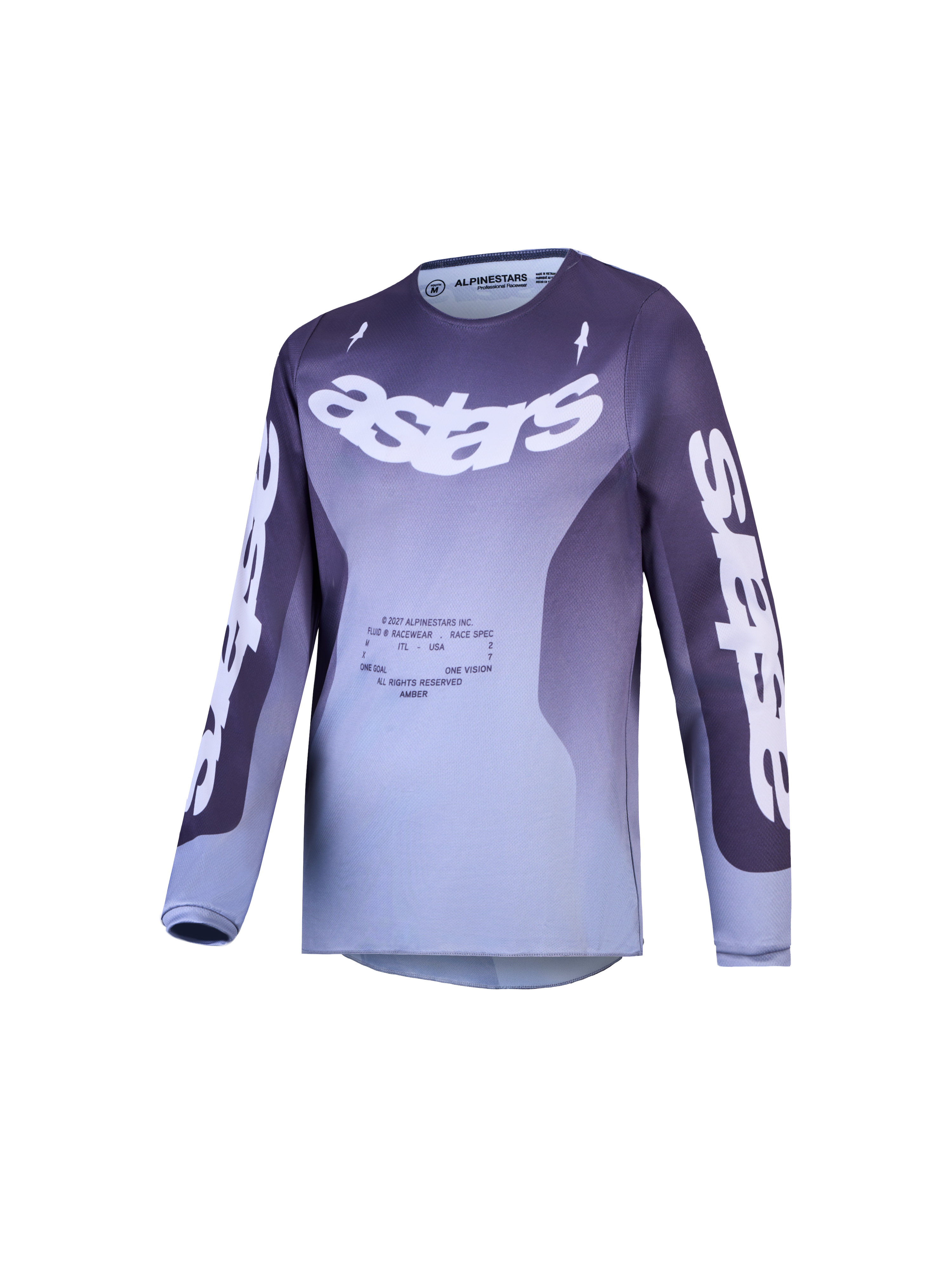 Alpinestars Jeugd Fluid Amber Jersey, paars en grijs kleurverloop, motocross jersey met opvallende Astars-branding.