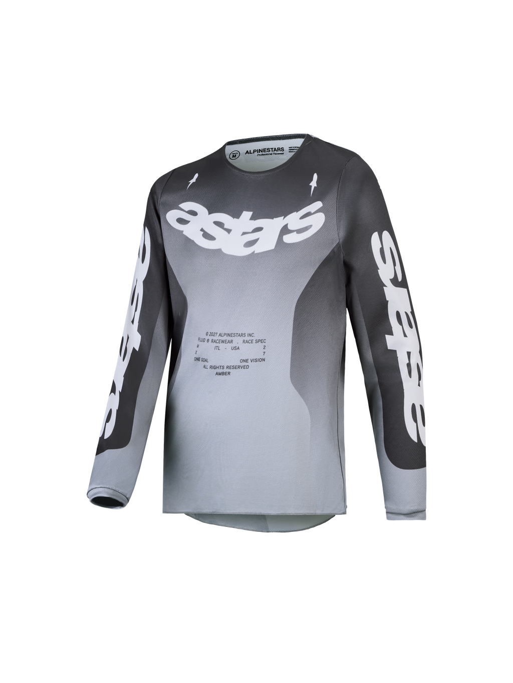 Alpinestars Jeugd Fluid Amber Jersey 2027, grijze en witte motocrossjersey met kleurverloop en vochtafvoerende polyfabric