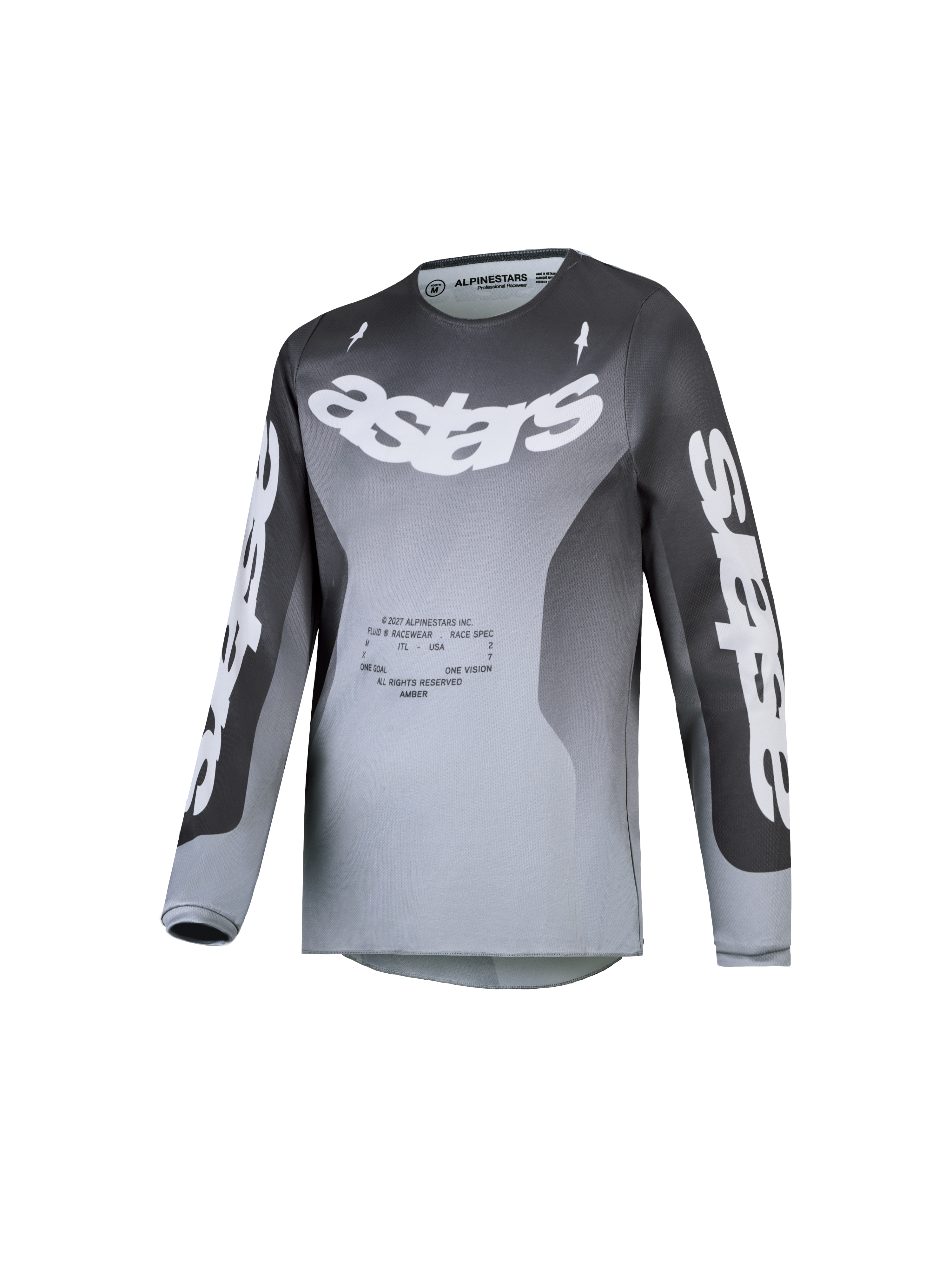 Alpinestars Jeugd Fluid Amber Jersey 2027, grijze en witte motocrossjersey met kleurverloop en vochtafvoerende polyfabric