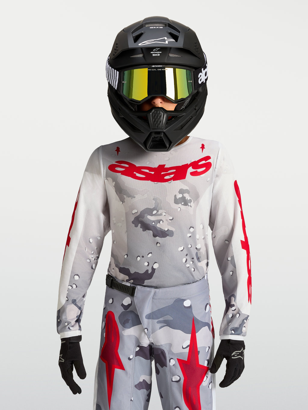 Alpinestars Jeugd Fluid Lone Jersey 2027, grijs camouflage en vuurrood, motorcross-jersey, ademende textielconstructie.