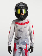 Alpinestars Jeugd Fluid Lone Jersey 2027, grijs camouflage en vuurrood, motorcross-jersey, ademende textielconstructie.