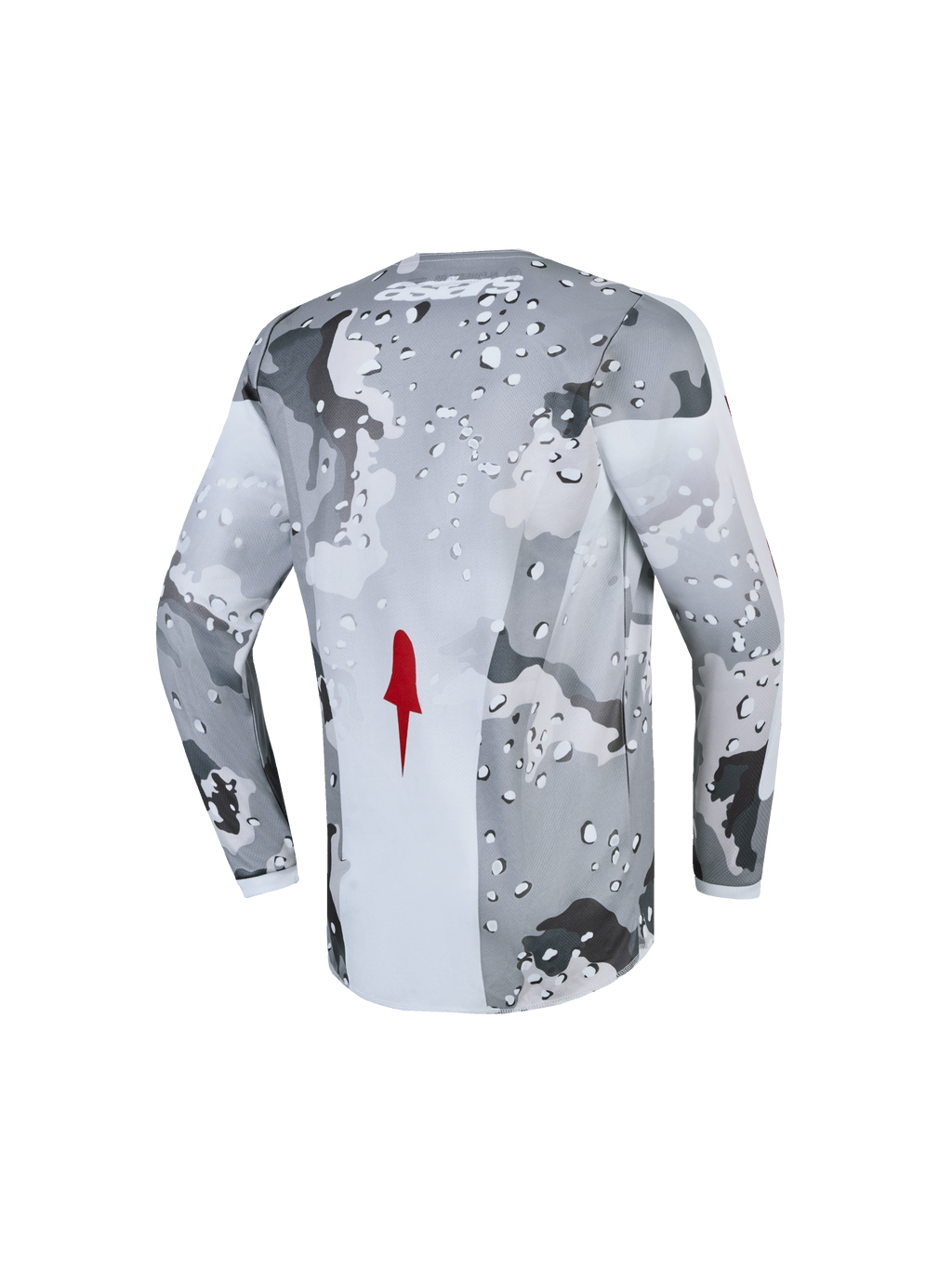 Alpinestars Jeugd Fluid Lone Jersey 2027, motorcross jersey voor jeugd, grijs en wit camouflage met rood accent, ademende polyfabric, achteraanzicht.
