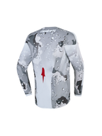 Alpinestars Jeugd Fluid Lone Jersey 2027, motorcross jersey voor jeugd, grijs en wit camouflage met rood accent, ademende polyfabric, achteraanzicht.