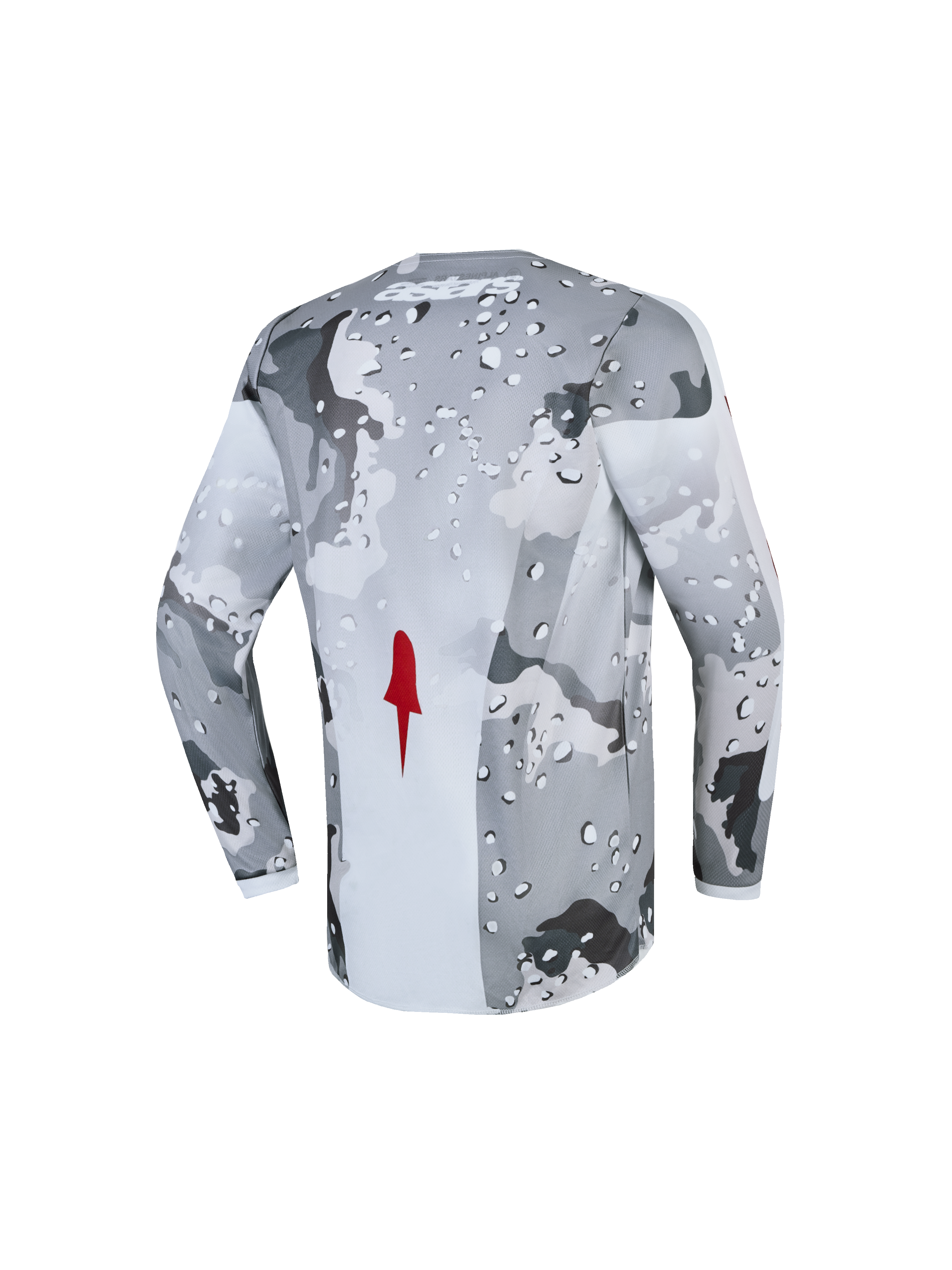 Alpinestars Jeugd Fluid Lone Jersey 2027, motorcross jersey voor jeugd, grijs en wit camouflage met rood accent, ademende polyfabric, achteraanzicht.