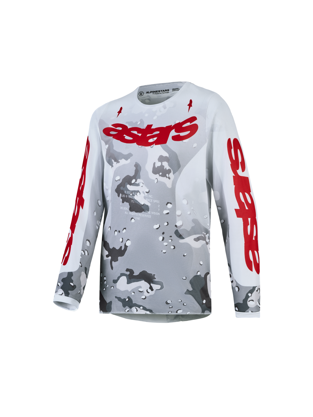 Alpinestars Jeugd Fluid Lone Jersey, ademende motocrossjersey voor jonge rijders, grijs camo en rood, lichte polyfabric.