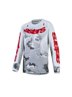 Alpinestars Jeugd Fluid Lone Jersey, ademende motocrossjersey voor jonge rijders, grijs camo en rood, lichte polyfabric.