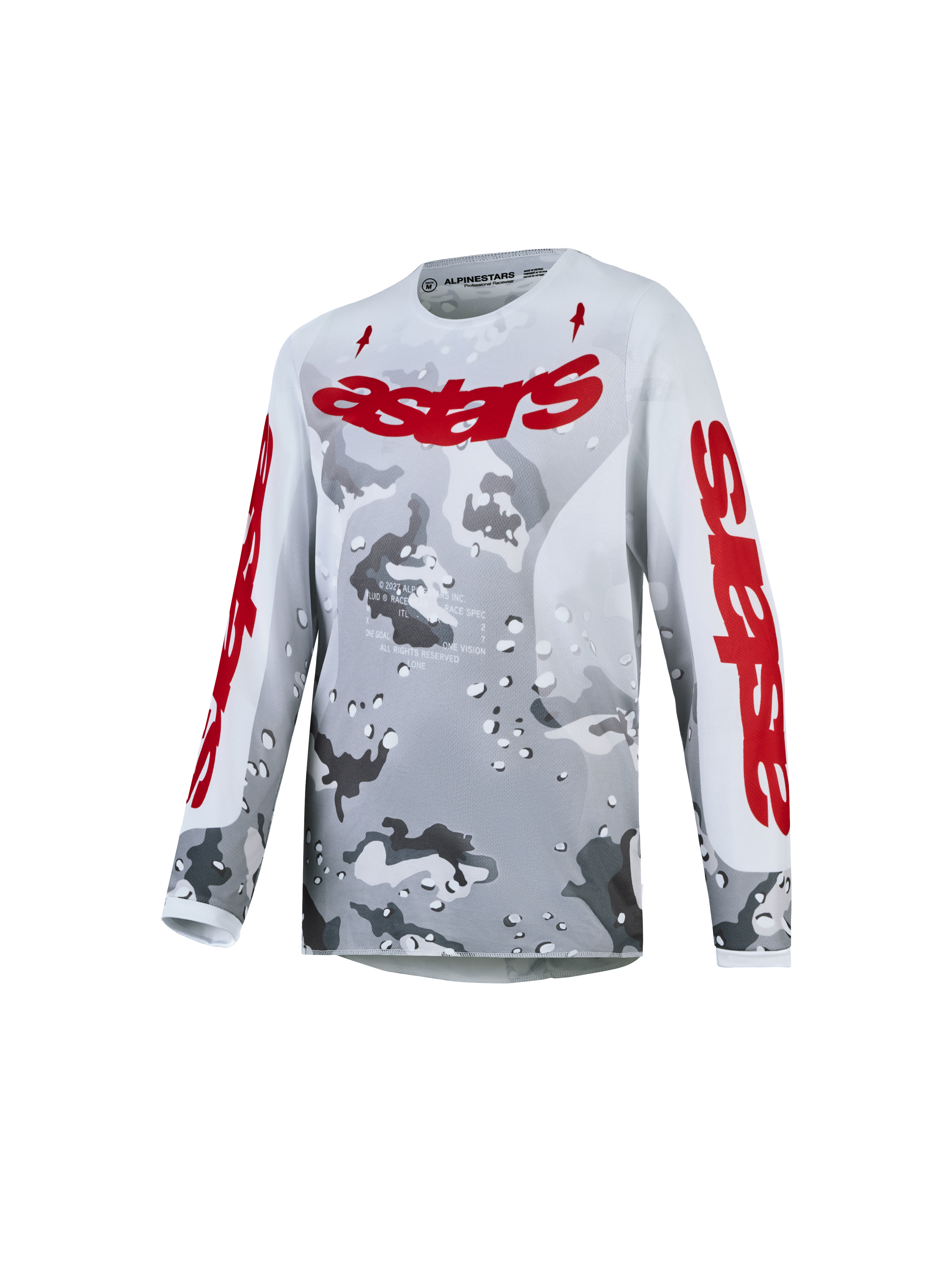 Alpinestars Jeugd Fluid Lone Jersey, ademende motocrossjersey voor jonge rijders, grijs camo en rood, lichte polyfabric.