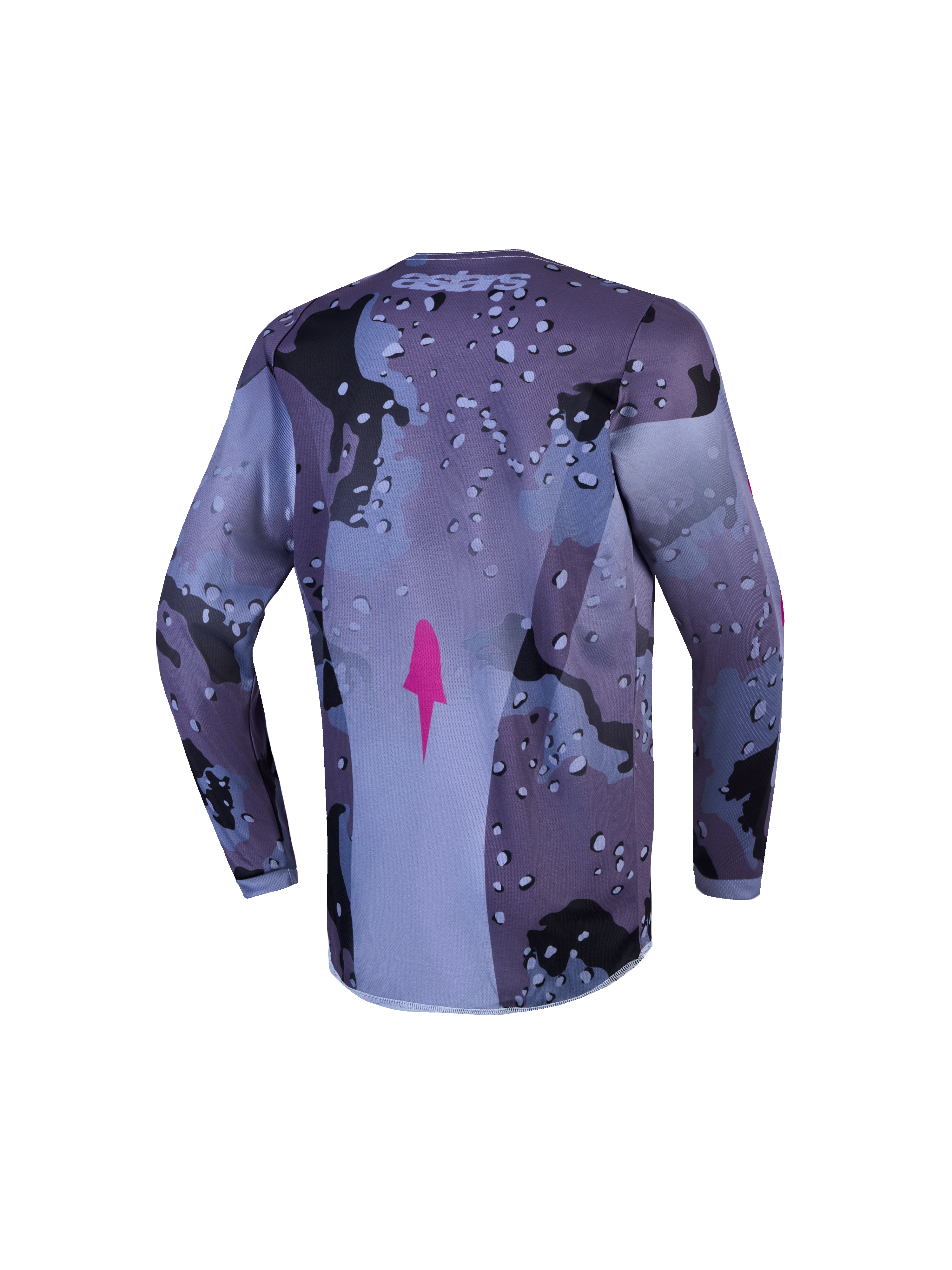 Alpinestars Jeugd Fluid Lone jersey, motocrossjersey voor jeugd, grijs camouflage en paars, met verlengde achterzoom.