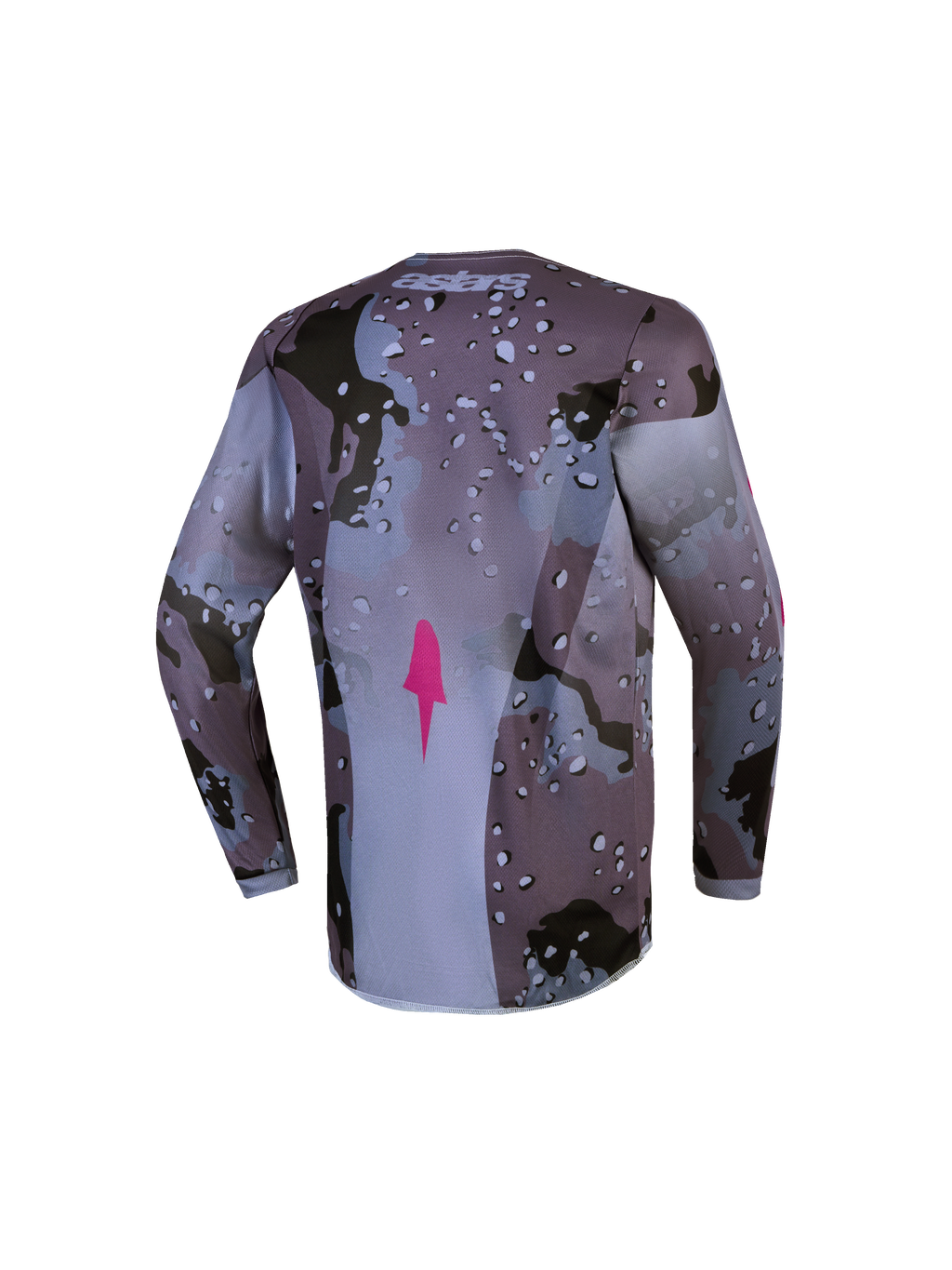 Alpinestars Jeugd Fluid Lone Jersey, motorcrossjersey in grijs camo en paars met verlengde zoom en vochtafvoerende stof.