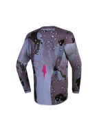 Alpinestars Jeugd Fluid Lone Jersey, motorcrossjersey in grijs camo en paars met verlengde zoom en vochtafvoerende stof.