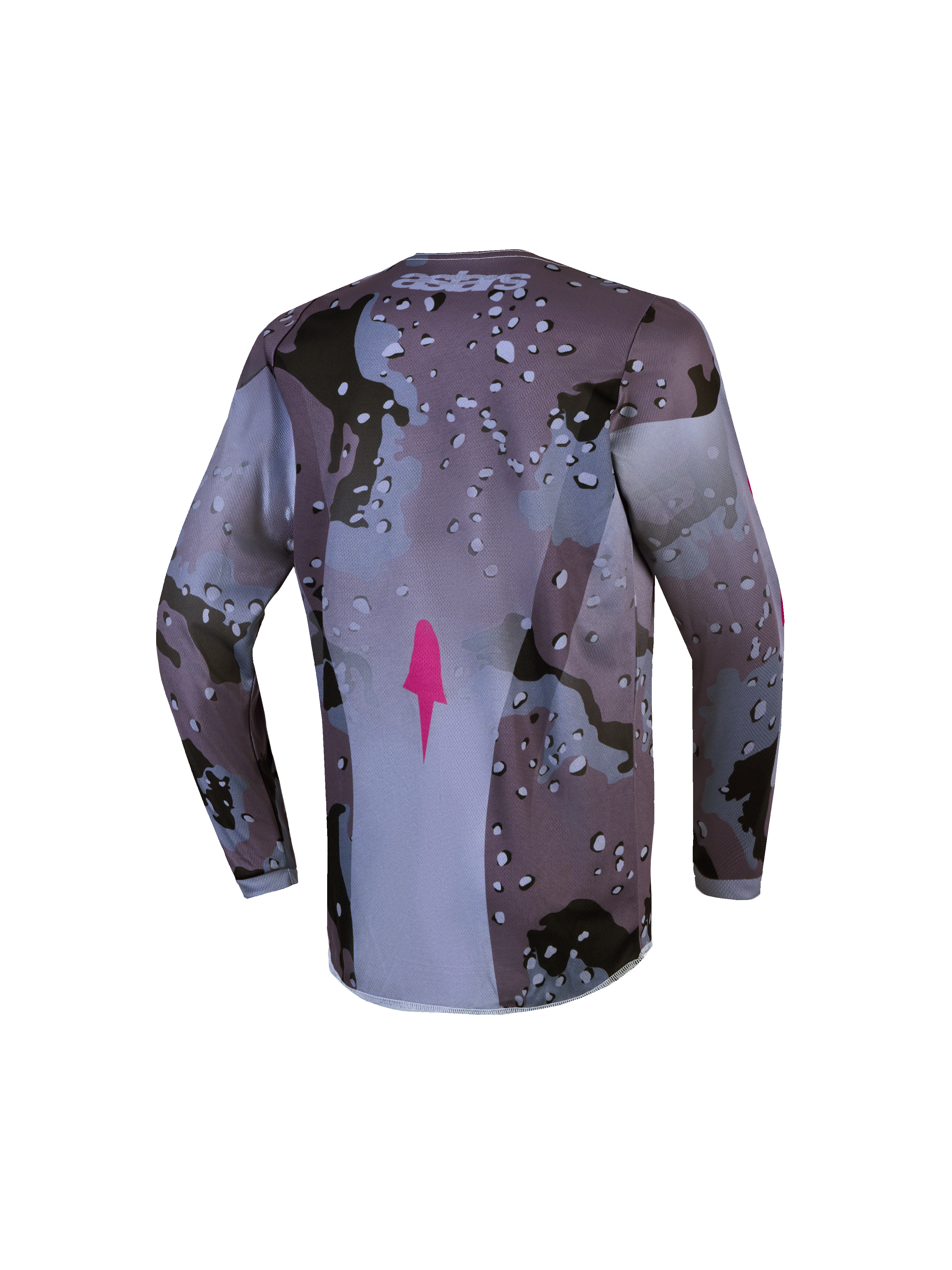 Alpinestars Jeugd Fluid Lone Jersey, motorcrossjersey in grijs camo en paars met verlengde zoom en vochtafvoerende stof.