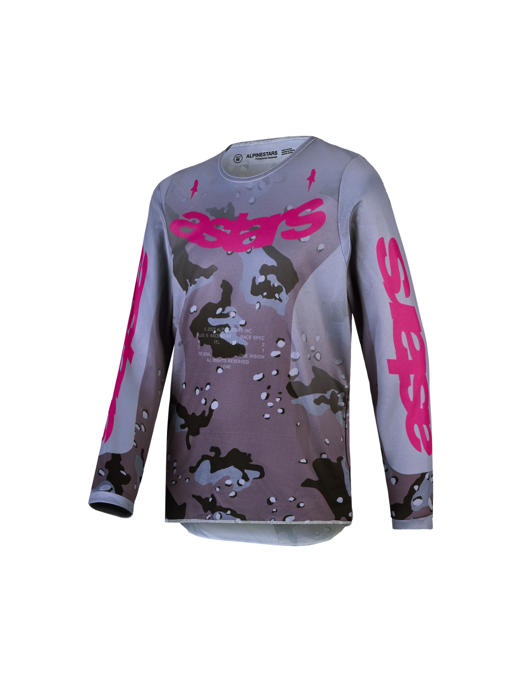Alpinestars Jeugd Fluid Lone Jersey 2027, motorcrossjersey voor jeugd, grijs camo en paars, vochtafvoerend polyfabric.