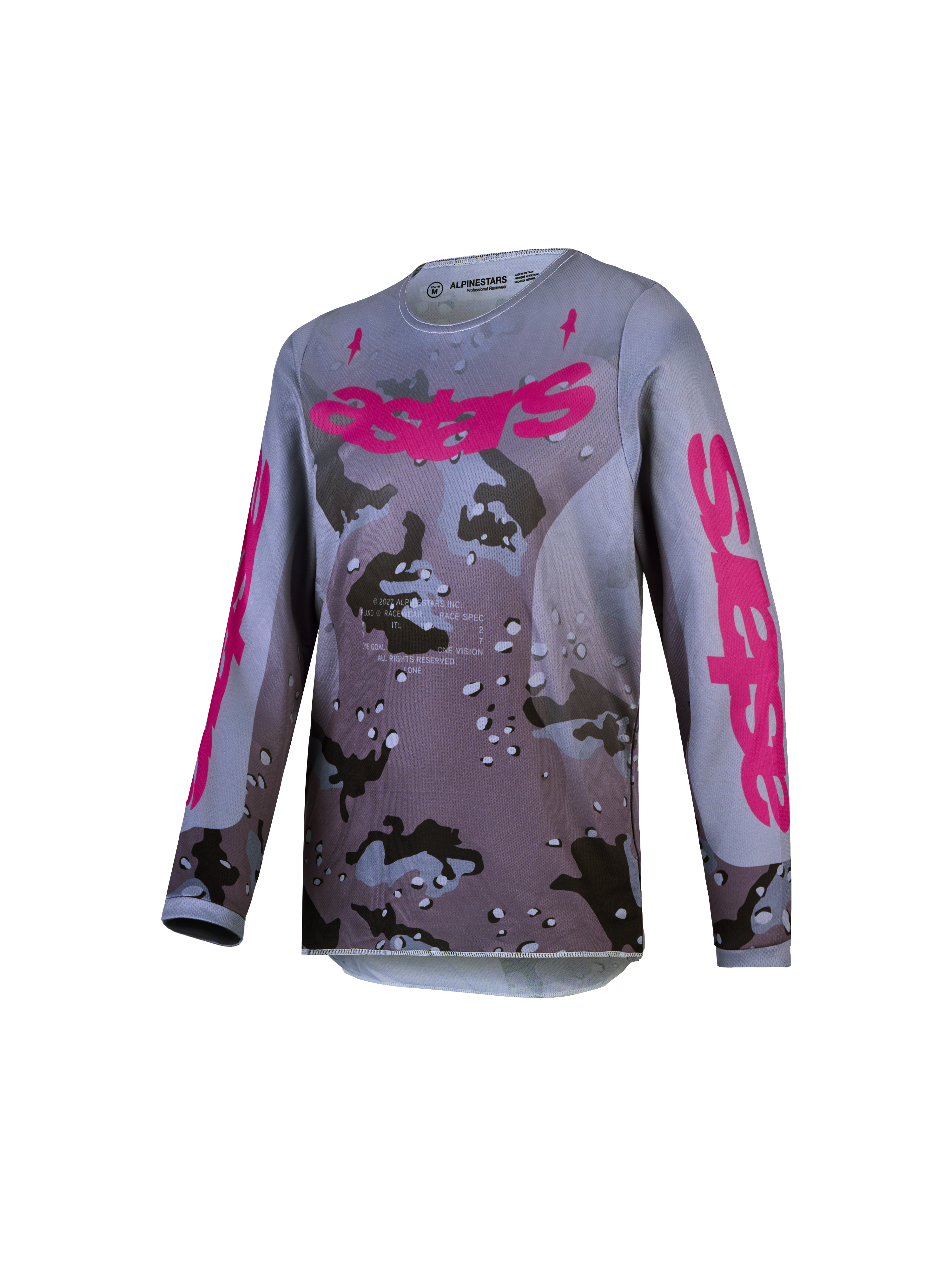 Alpinestars Jeugd Fluid Lone Jersey 2027, motorcrossjersey voor jeugd, grijs camo en paars, vochtafvoerend polyfabric.