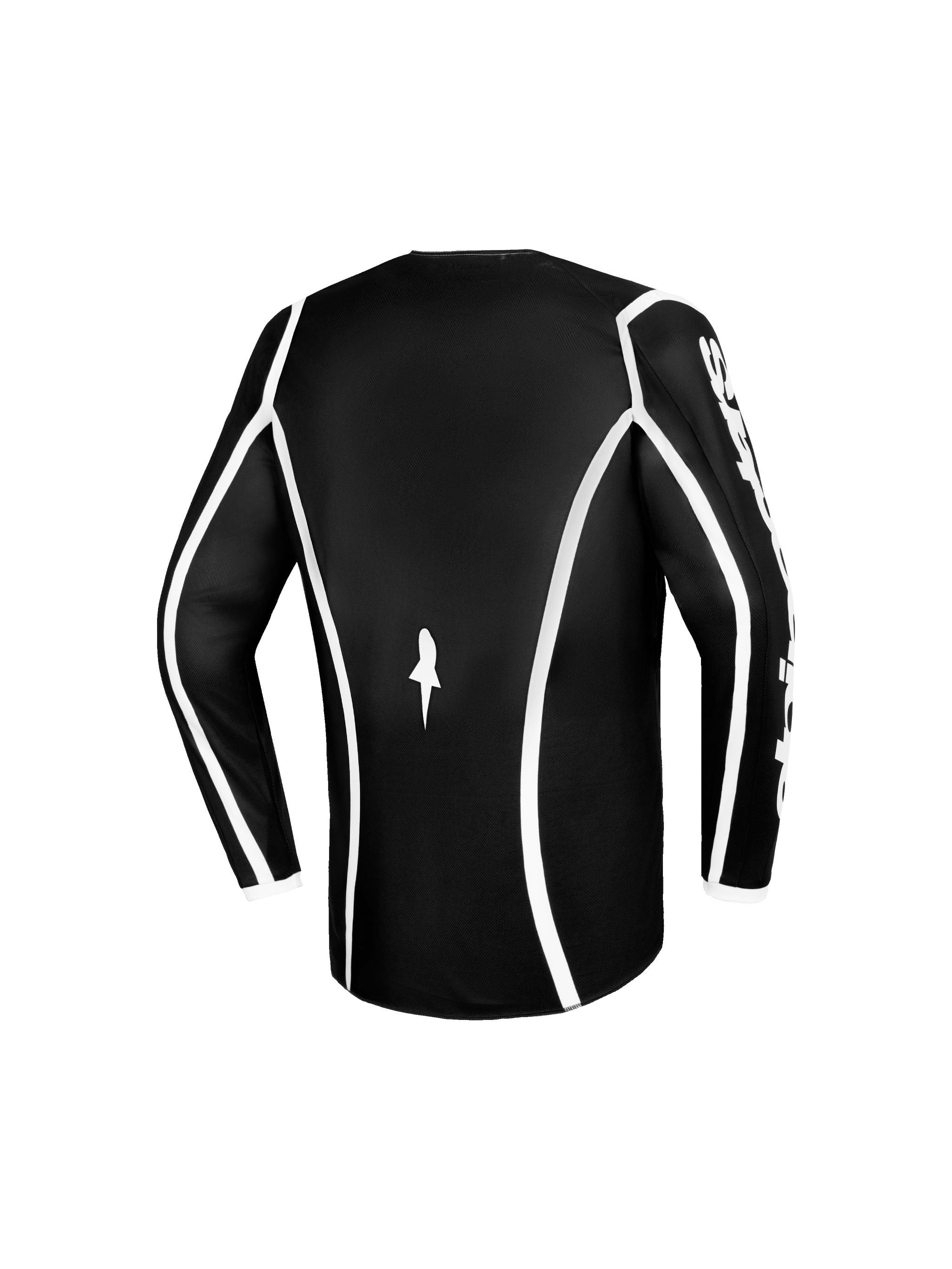 Alpinestars 2026 Youth Fluid Apex Jersey, motocross jersey, zwart en wit, achteraanzicht met witte gebogen biezen, klein wit logo op de onderrug, Alpinestars-branding op de mouw, technische kleding voor jonge off-road rijders