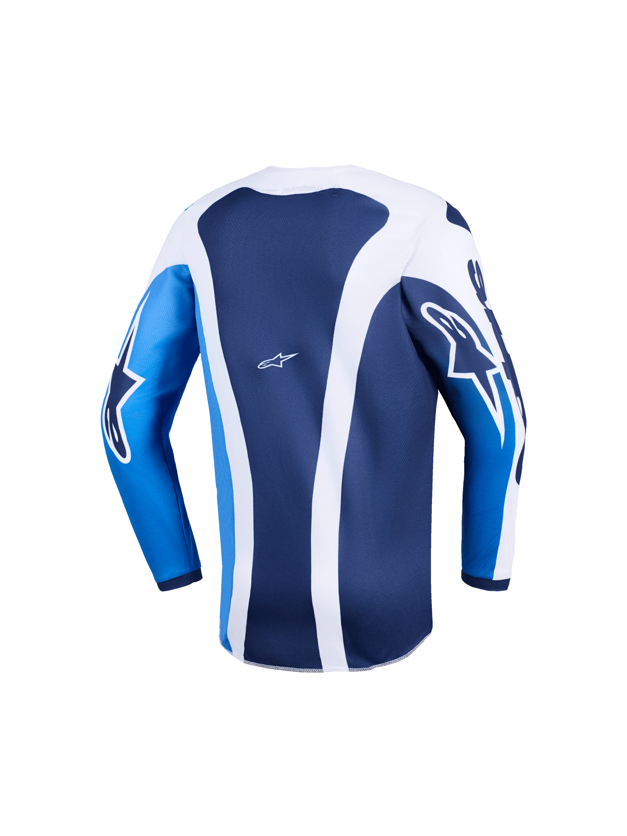 Alpinestars 2026 Youth Fluid Portl Jersey, jeugd motocross jersey, Ucla Blue en wit, achteraanzicht met verticale witte strepen op een donkerblauwe basis, helderblauwe mouwen met witte logo's, verlengde achterzoom voor extra bedekking, lichtgewicht prestatiegerichte uitrusting voor jonge rijders