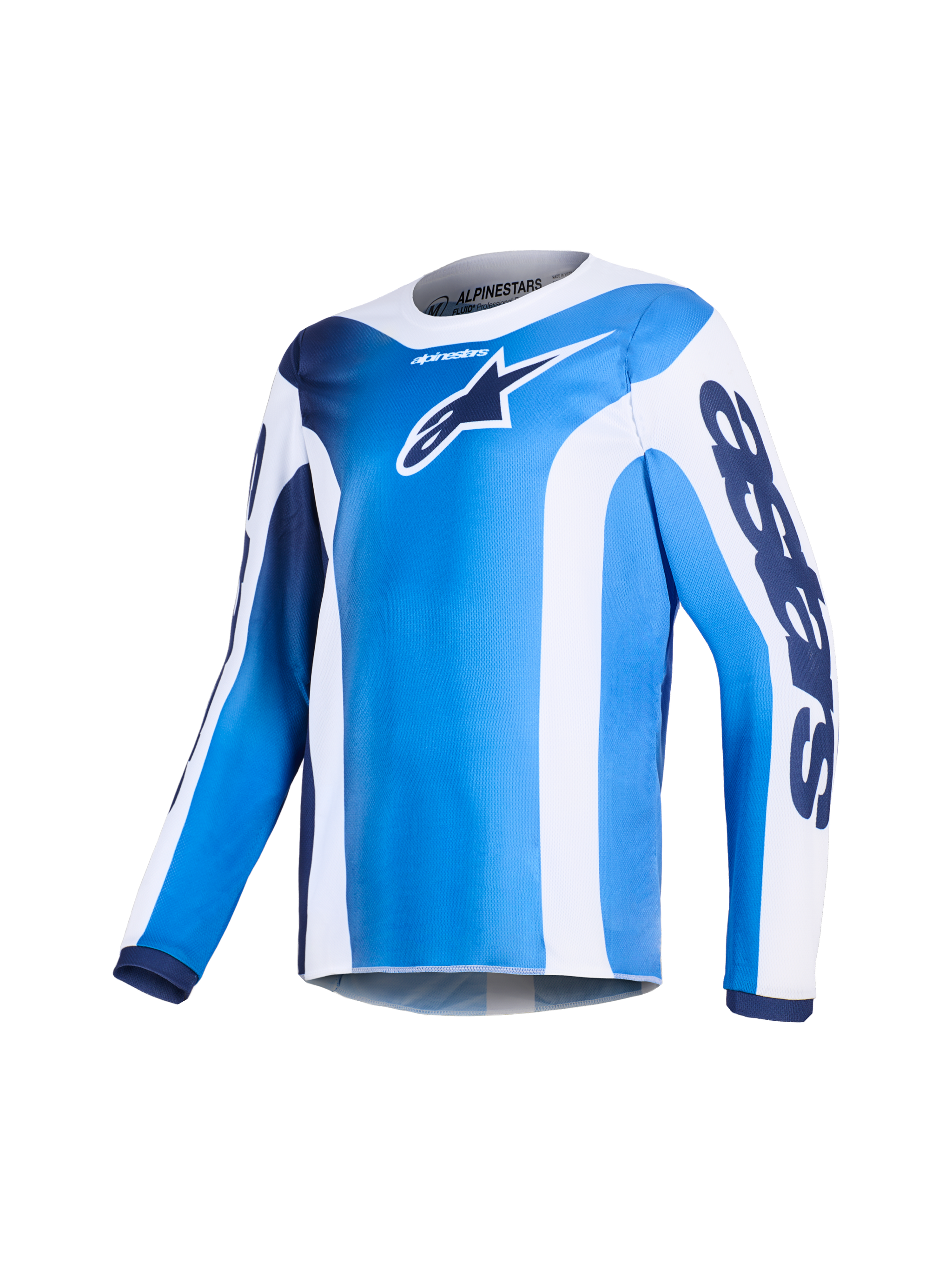 Alpinestars 2026 Youth Fluid Portl Jersey, motocross jersey, UCLA Blue en wit, met verticale panelen in verschillende tinten blauw en wit, wit Alpinestars-logo op de borst, donkerblauwe tekstbranding op de mouwen, ergonomisch sport-fit ontwerp met lange mouwen