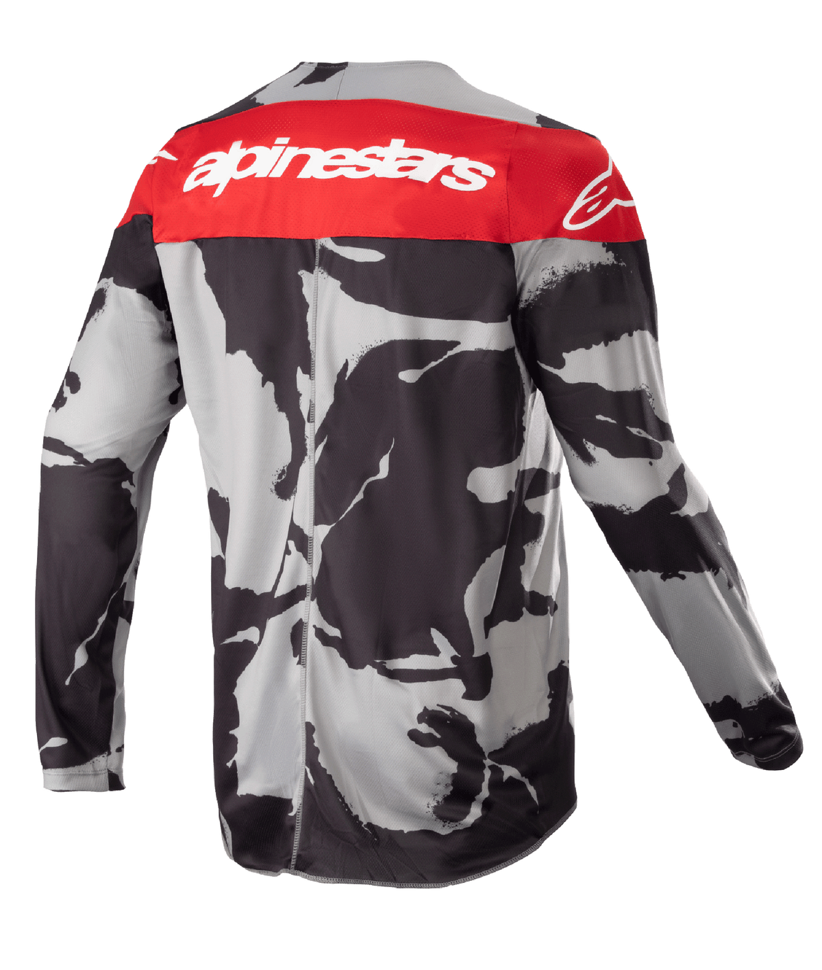 Alpinestars 2023 Youth Racer Tactical Jersey, jeugd motocross shirt, Cast Gray Camo en Mars Red, achteraanzicht met een rood schouderpaneel met witte Alpinestars branding, abstract zwart en grijs camouflagepatroon, lichtgewicht vochtafvoerende kleding voor off-road racing