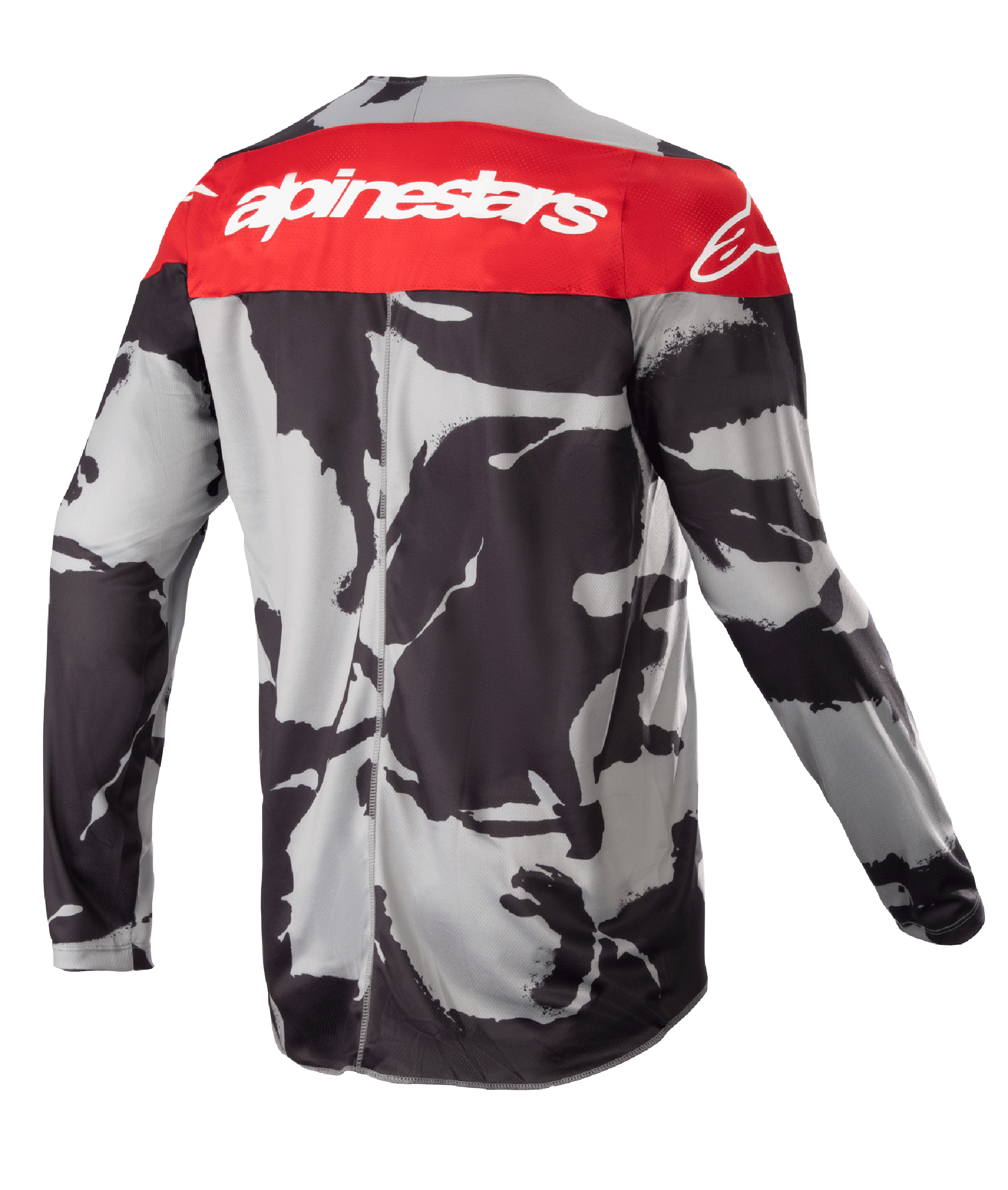 Alpinestars 2023 Youth Racer Tactical Jersey, jeugd motocross shirt, Cast Gray Camo en Mars Red, achteraanzicht met een rood schouderpaneel met witte Alpinestars branding, abstract zwart en grijs camouflagepatroon, lichtgewicht vochtafvoerende kleding voor off-road racing