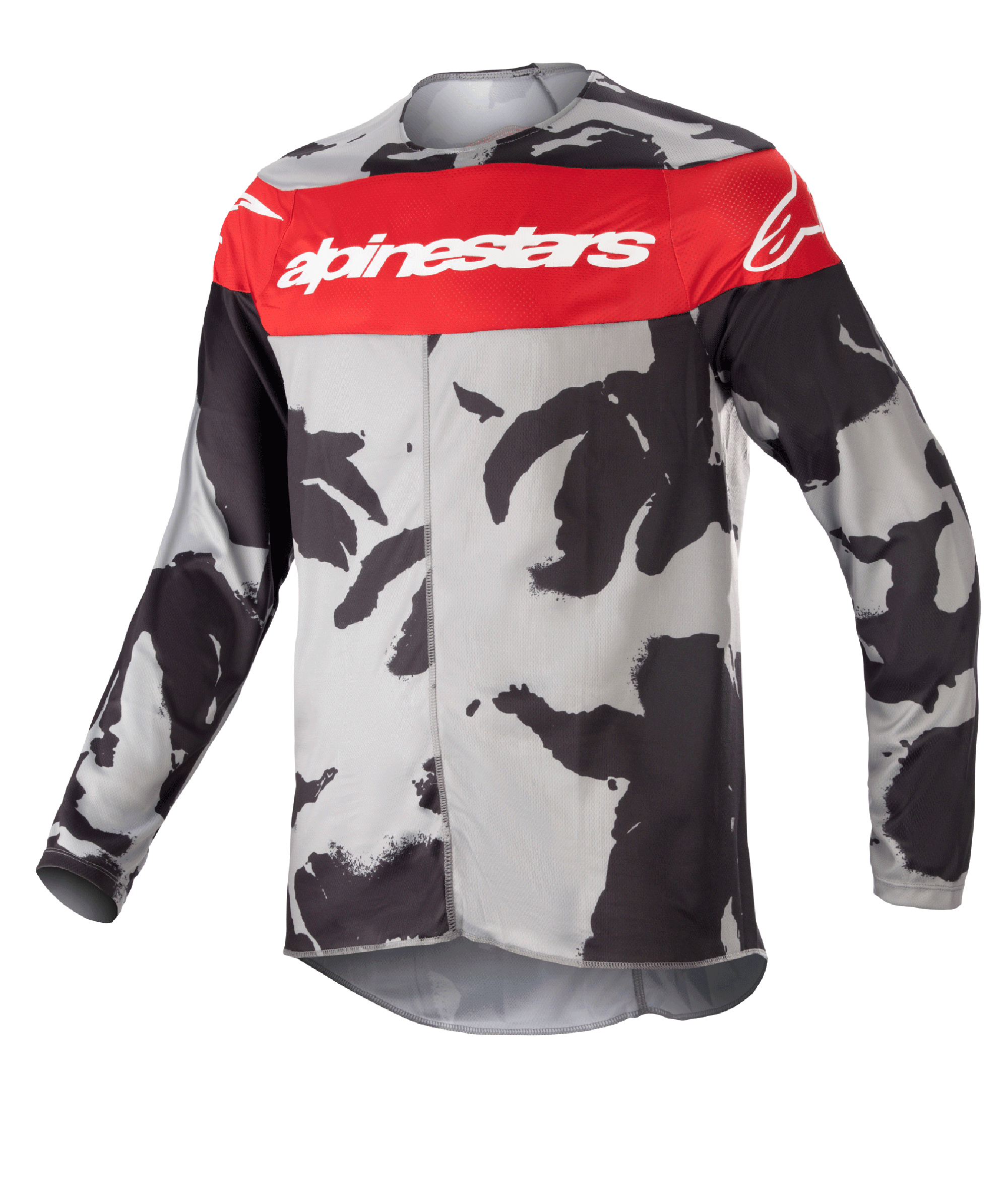Alpinestars Youth 2023 Racer Tactical Jersey, jeugd motorcross shirt, Cast Gray Camo en Mars Red, horizontale rode band op de borst met wit Alpinestars-logo, grijs en zwart camouflagepatroon, lichtgewicht vochtafvoerende stof voor off-road rijden