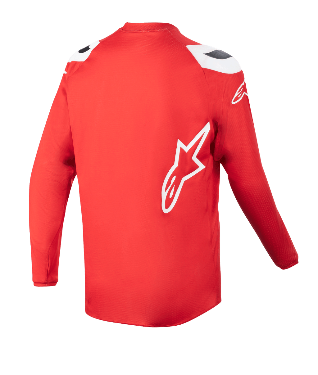 Alpinestars Jeugd 2023 Racer Narin Jersey, motorcross shirt, Mars Rood en wit, achteraanzicht met verlengde achterzoom, wit Alpinestars sterlogo op de zijkant, hoogwaardige off-road kleding