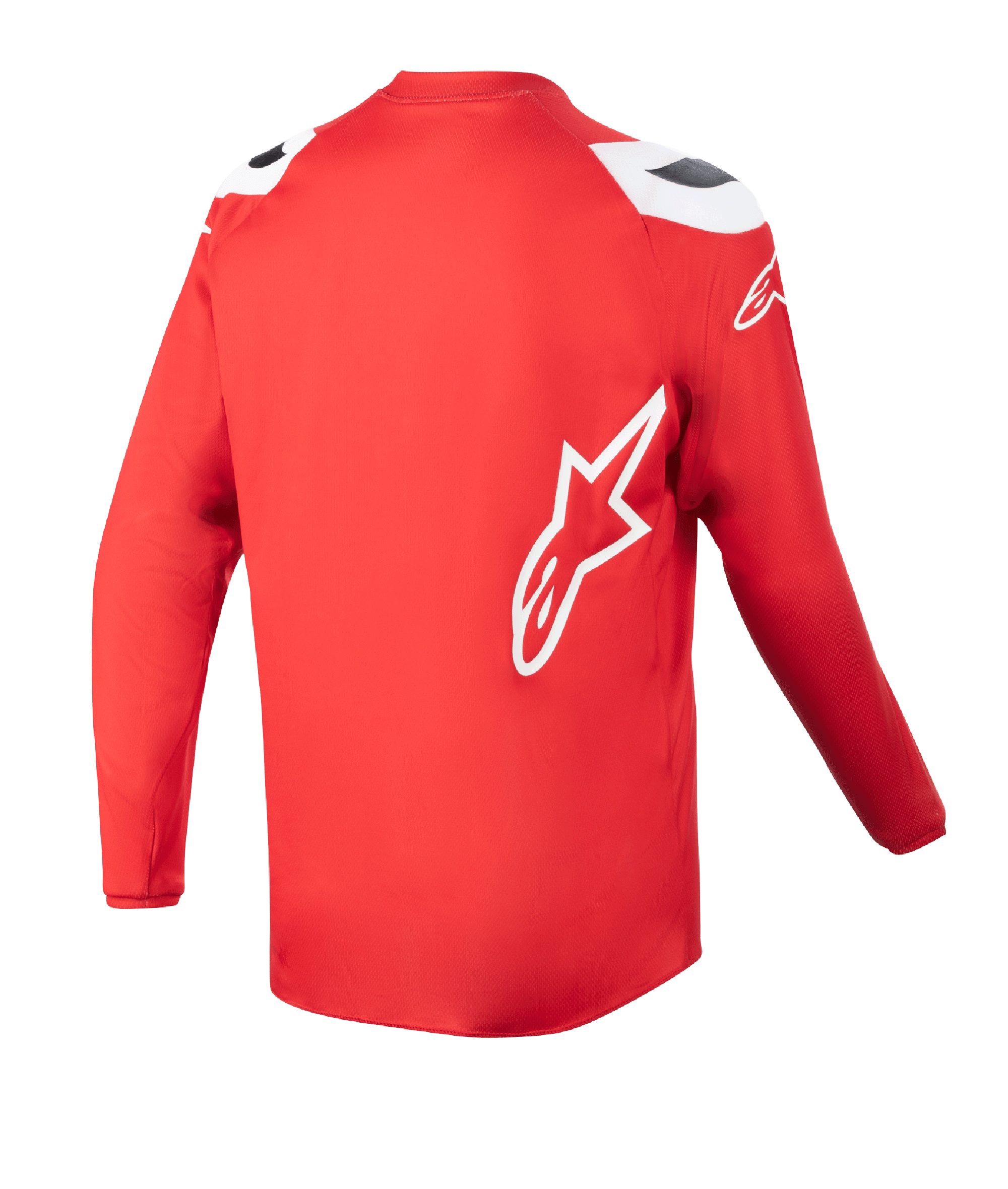 Alpinestars Jeugd 2023 Racer Narin Jersey, motorcross shirt, Mars Rood en wit, achteraanzicht met verlengde achterzoom, wit Alpinestars sterlogo op de zijkant, hoogwaardige off-road kleding