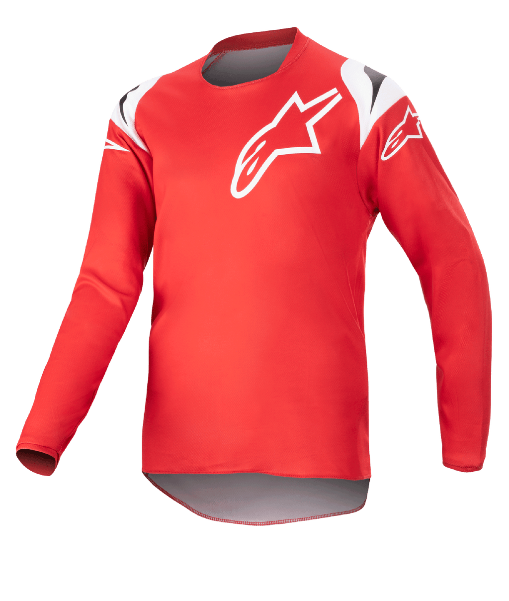Alpinestars Youth 2023 Racer Narin Jersey, motocross jersey, Mars rood en wit, met een groot wit sterlogo op de borst en schouderaccenten, lichtgewicht performance-stof met lange mouwen voor off-road racen