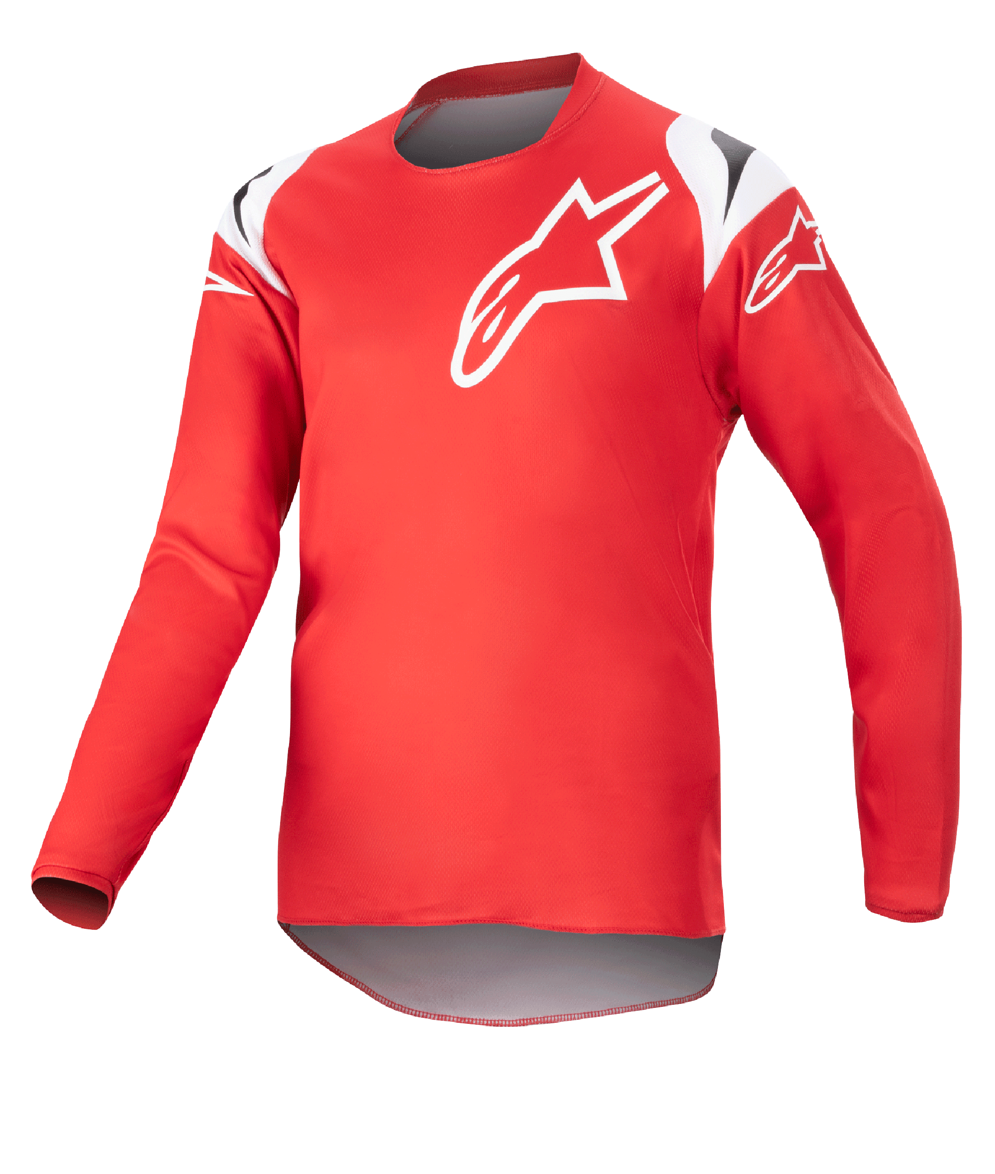 Alpinestars Youth 2023 Racer Narin Jersey, motocross jersey, Mars rood en wit, met een groot wit sterlogo op de borst en schouderaccenten, lichtgewicht performance-stof met lange mouwen voor off-road racen