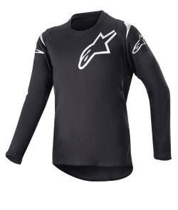 Alpinestars Youth 2023 Racer Graphite Jersey, Motocross Jersey, Black and Reflective Black, white star logos on chest and shoulders, long sleeves, lightweight moisture-wicking fabric with a drop tail hem, sporty design for off-road riding