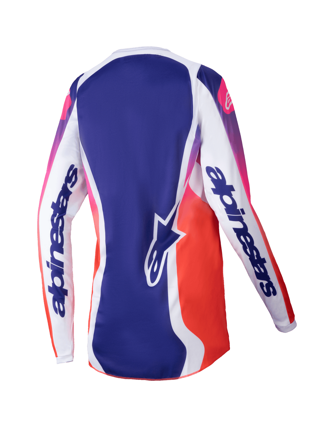 Alpinestars 2025 Stella Fluid Wurx Jersey voor dames, dames motorcross shirt, multicolor wit met blauwe en roze-naar-oranje kleurverlopen, achterzijde met witte mouwen met opvallende branding, blauw middenpaneel met sterlogo, vochtafvoerend atletisch ontwerp