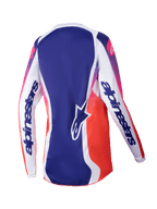 Alpinestars 2025 Stella Fluid Wurx Jersey voor dames, dames motorcross shirt, multicolor wit met blauwe en roze-naar-oranje kleurverlopen, achterzijde met witte mouwen met opvallende branding, blauw middenpaneel met sterlogo, vochtafvoerend atletisch ontwerp
