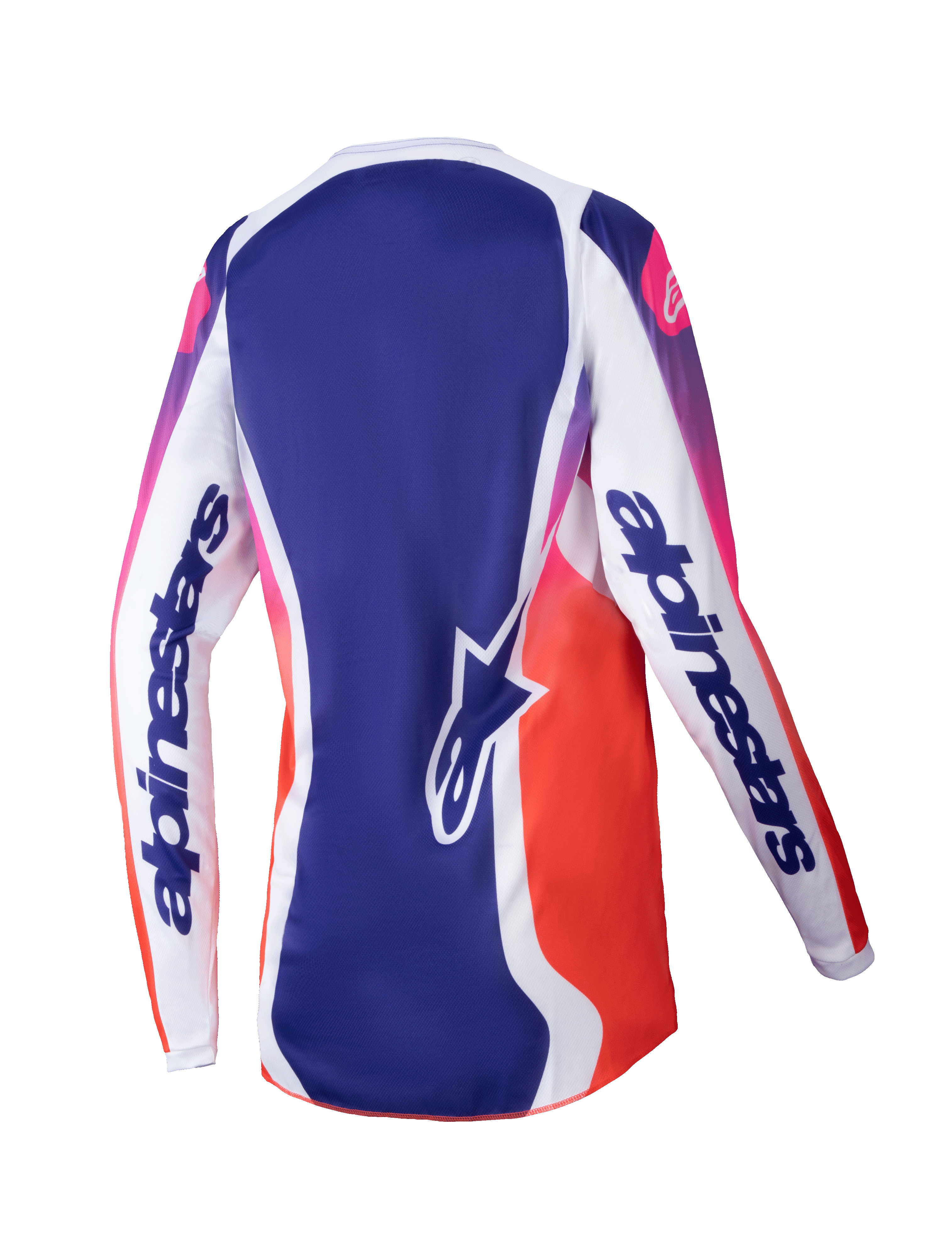 Alpinestars 2025 Stella Fluid Wurx Jersey voor dames, dames motorcross shirt, multicolor wit met blauwe en roze-naar-oranje kleurverlopen, achterzijde met witte mouwen met opvallende branding, blauw middenpaneel met sterlogo, vochtafvoerend atletisch ontwerp