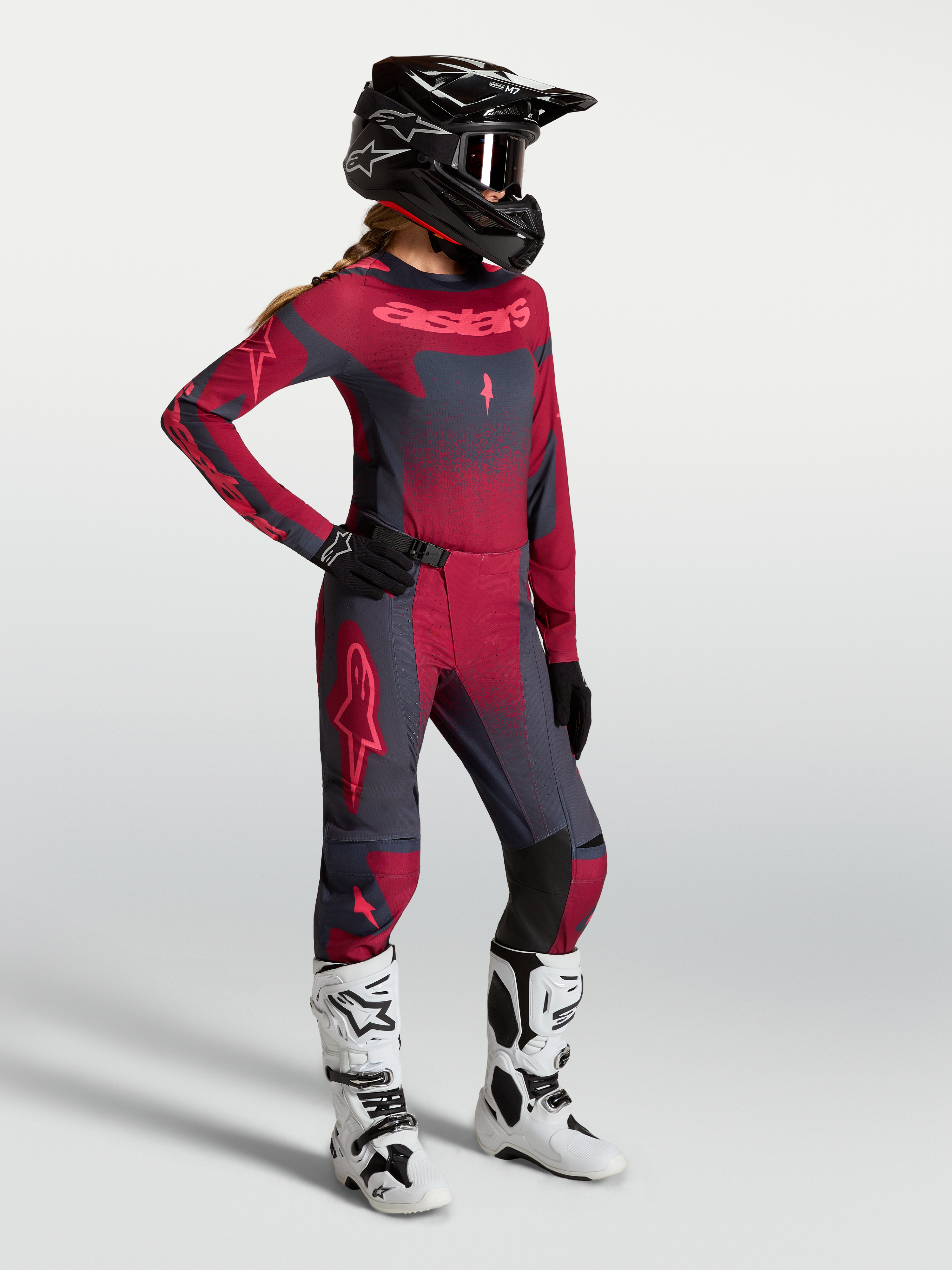 Alpinestars Stella Techstar Swan Jersey, Women's Motocross Jersey, Crimson and Dark Gray, textile gear, shown on model.