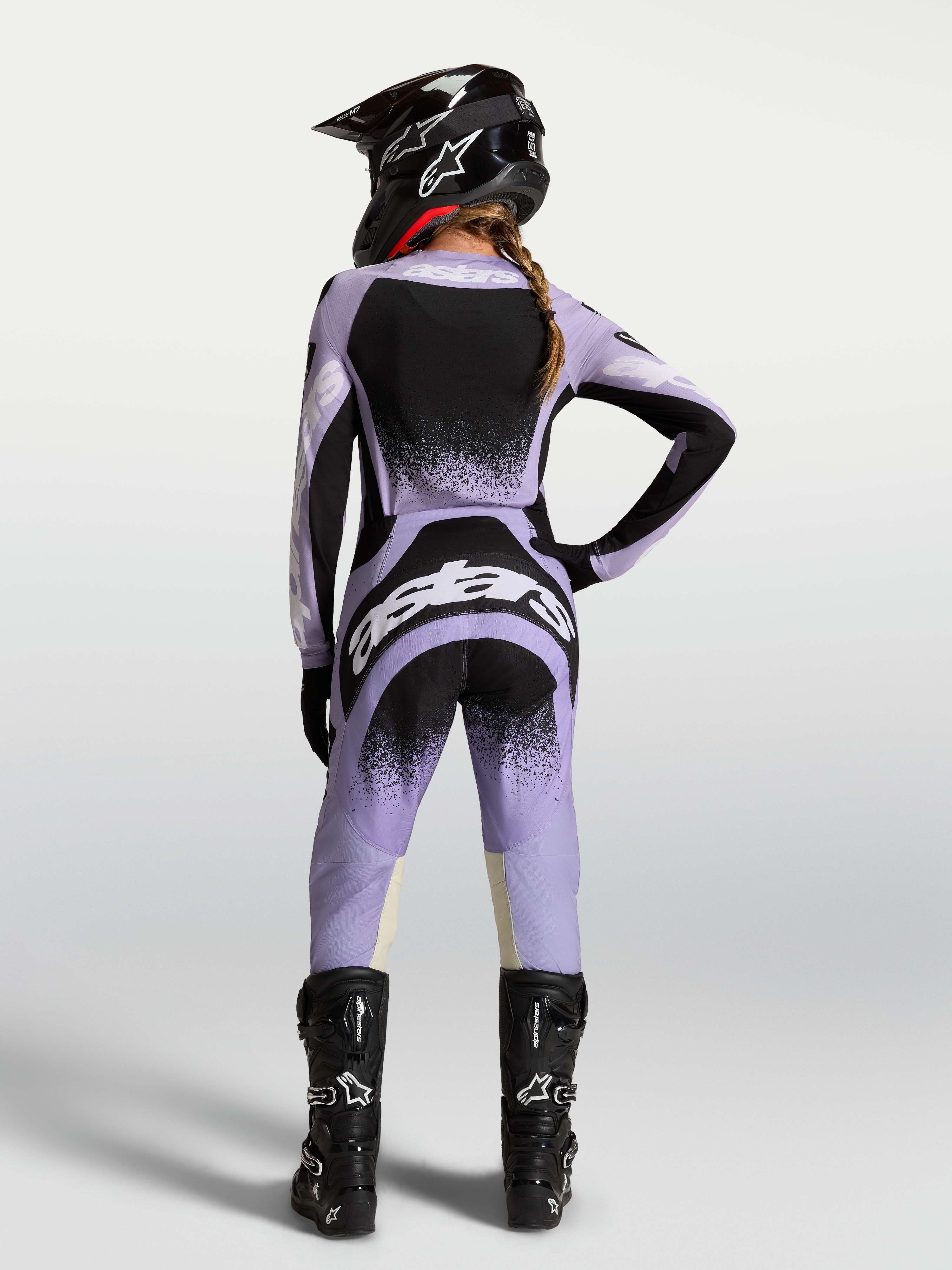 Alpinestars Stella Techstar Swan Jersey AND Gear Set, Women's Motocross Gear, Light Violet and Black, on-model rear view.