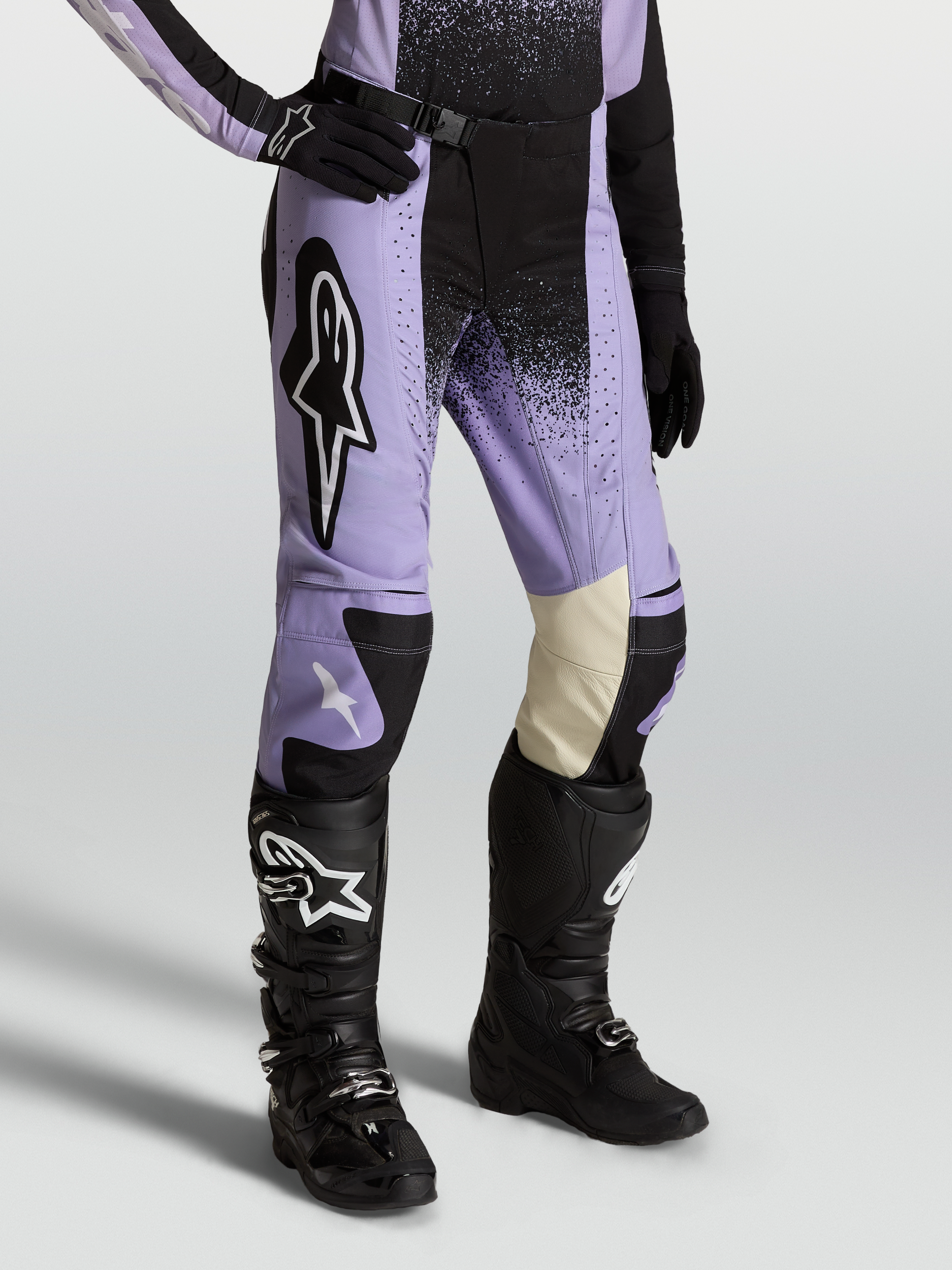 Alpinestars Stella Techstar Swan Pants, women's motocross gear in purple and black with leather inner knee panels.