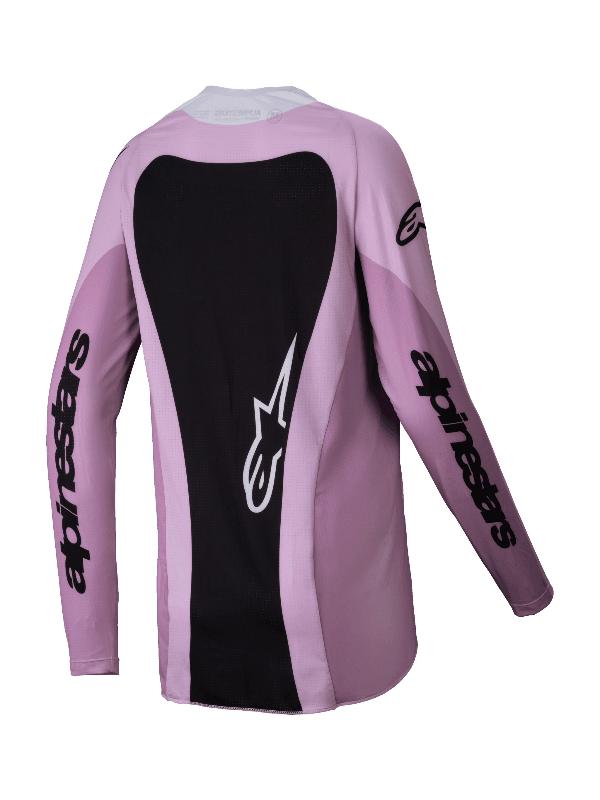 Alpinestars 2025 Stella Techstar Melt Jersey voor dames, motocross shirt, Blush Black, achteraanzicht met een groot zwart paneel met een wit sterlogo, lange mouwen met zwarte merknaam, hoogwaardige off-road kleding voor dames