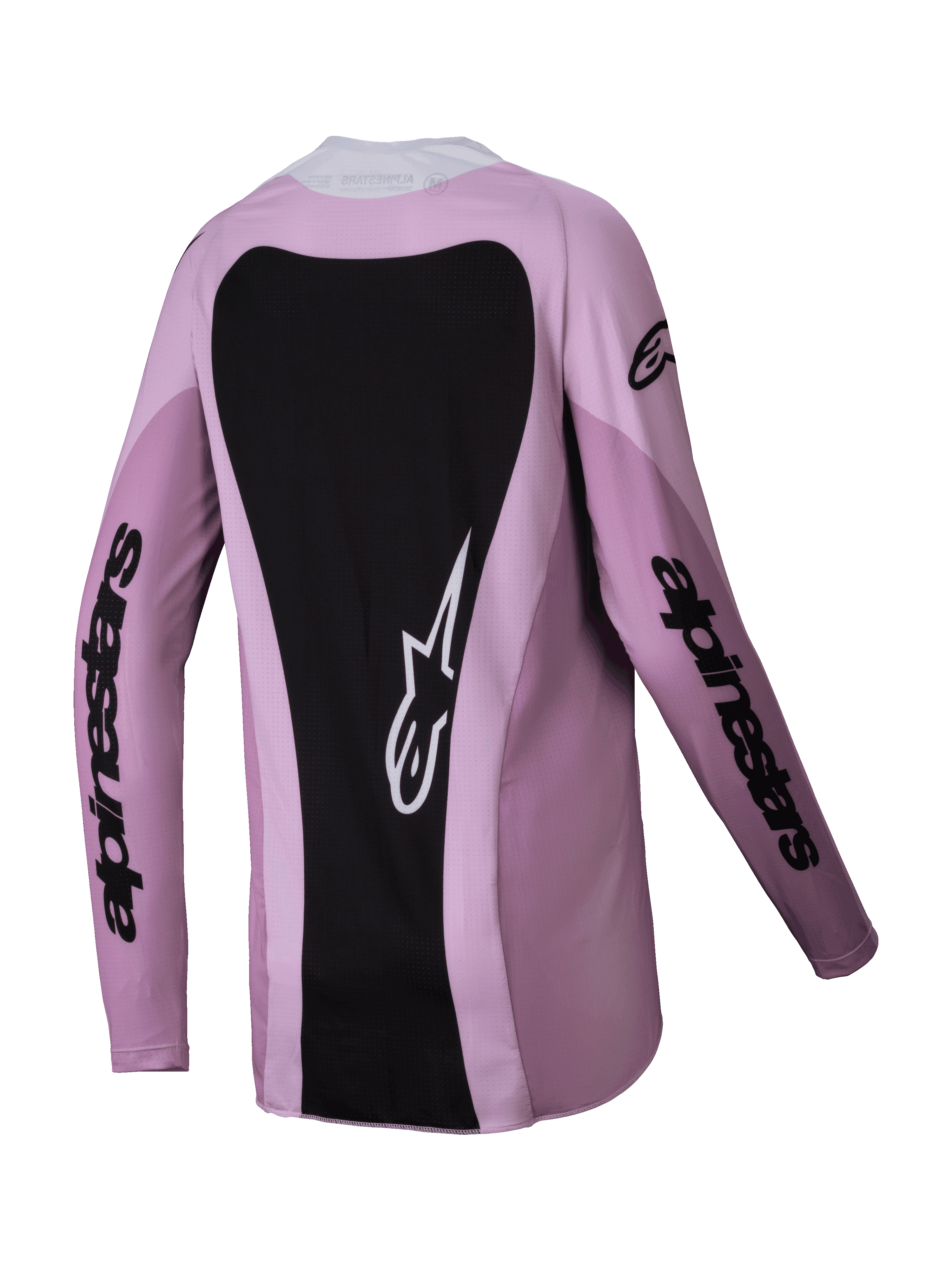 Alpinestars 2025 Stella Techstar Melt Jersey voor dames, motocross shirt, Blush Black, achteraanzicht met een groot zwart paneel met een wit sterlogo, lange mouwen met zwarte merknaam, hoogwaardige off-road kleding voor dames