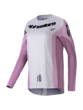 Alpinestars 2025 Stella Techstar Melt Jersey, motocross jersey voor dames met lange mouwen, blush roze en lichtgrijs met zwarte logo's, lasergesneden perforaties voor ventilatie, atletische racekleding