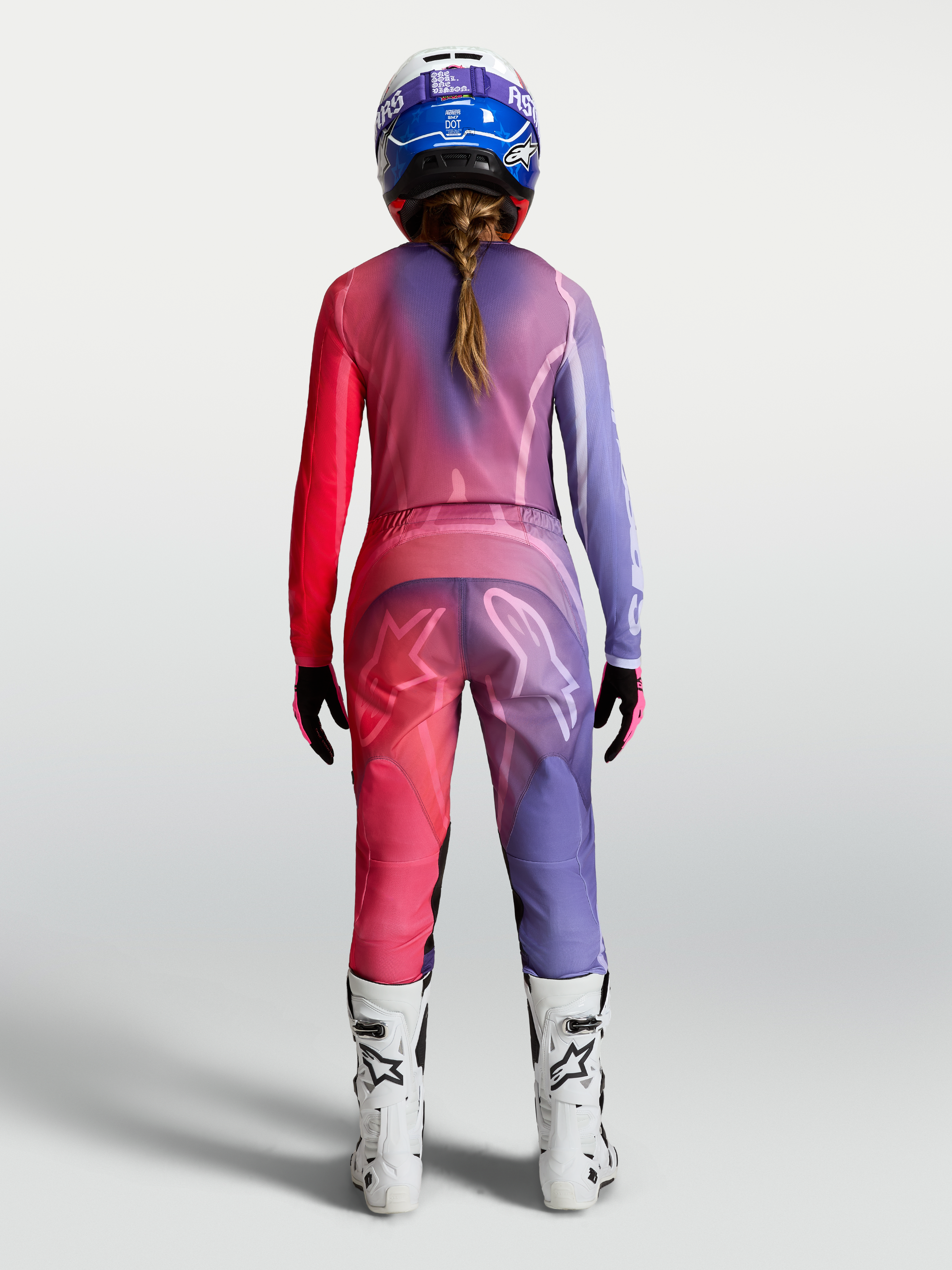 Alpinestars Stella Fluid Kepler Pants and Gear Set, women's purple and rouge red motocross outfit shown from the back.