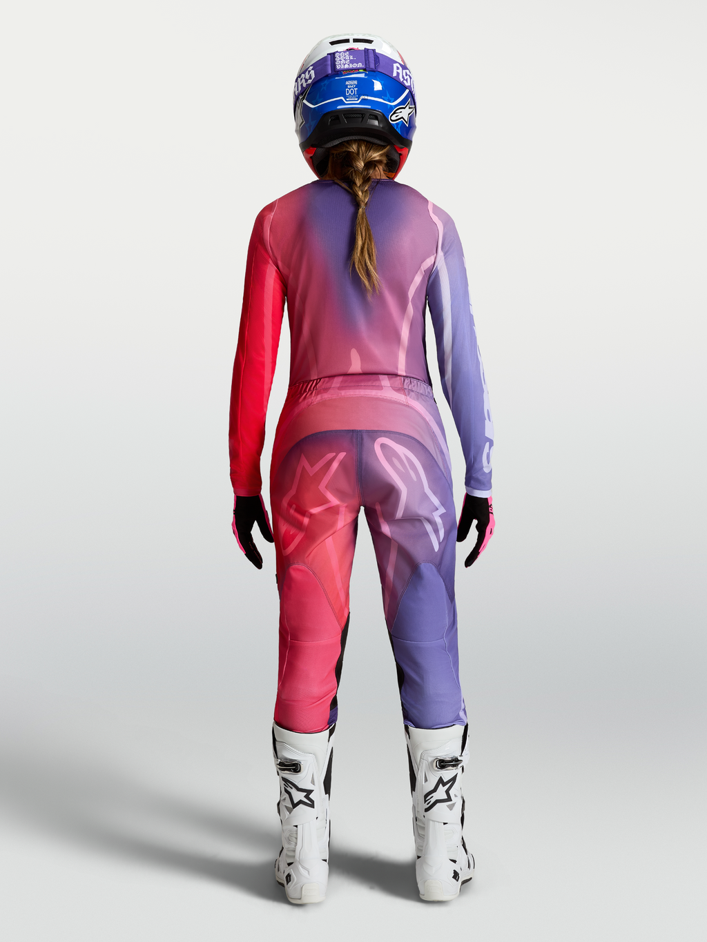 Alpinestars Stella Fluid Kepler jersey, motocrossjersey voor dames, paars en rood, polyfabric, achteraanzicht op model.