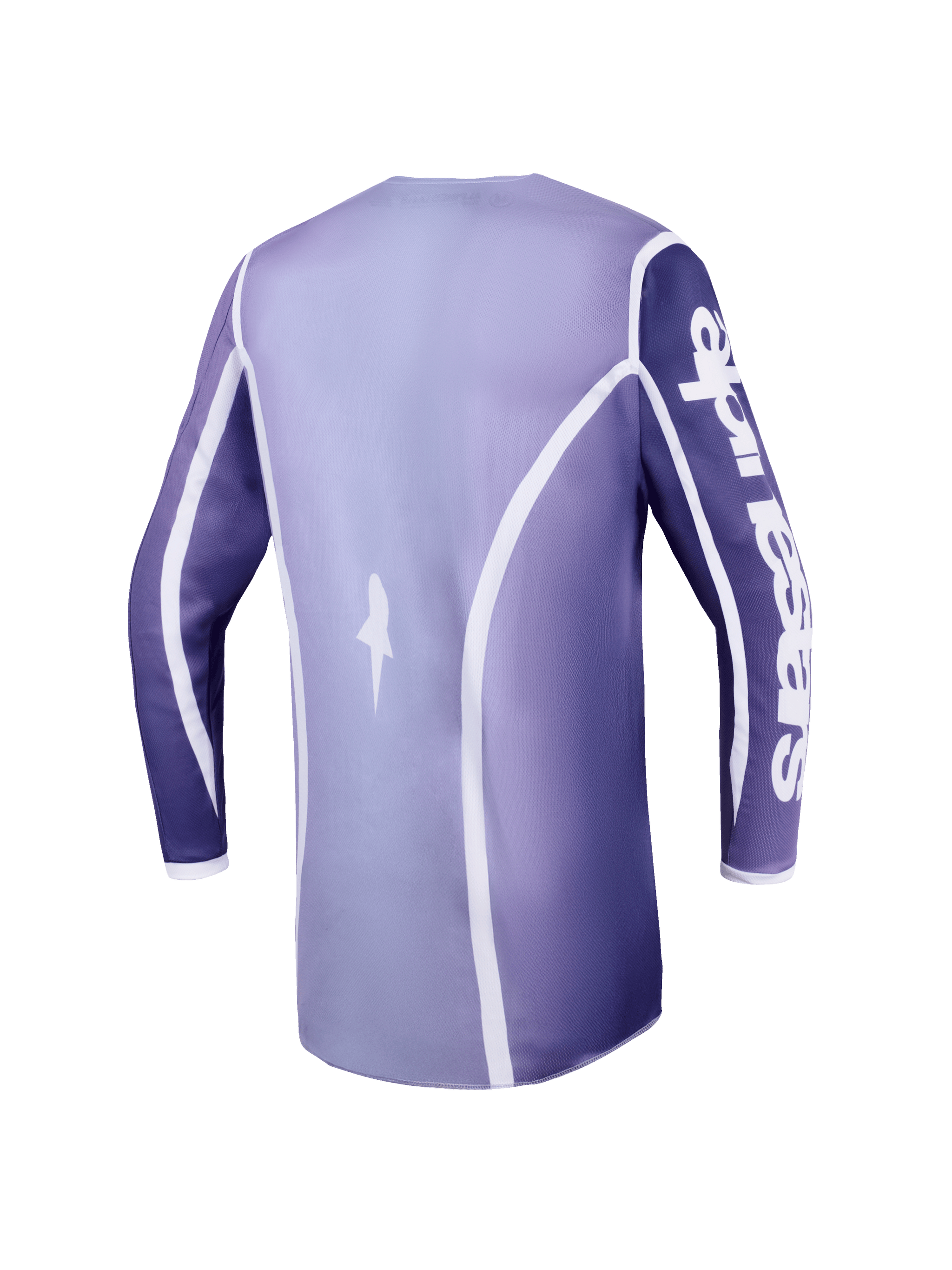 Alpinestars 2026 Stella Fluid Apex Jersey, Women's Motocross Jersey, Violet White gradient, back view featuring white curved accents and star logo, Alpinestars wordmark on the sleeve, long-sleeve performance gear for off-road riding
