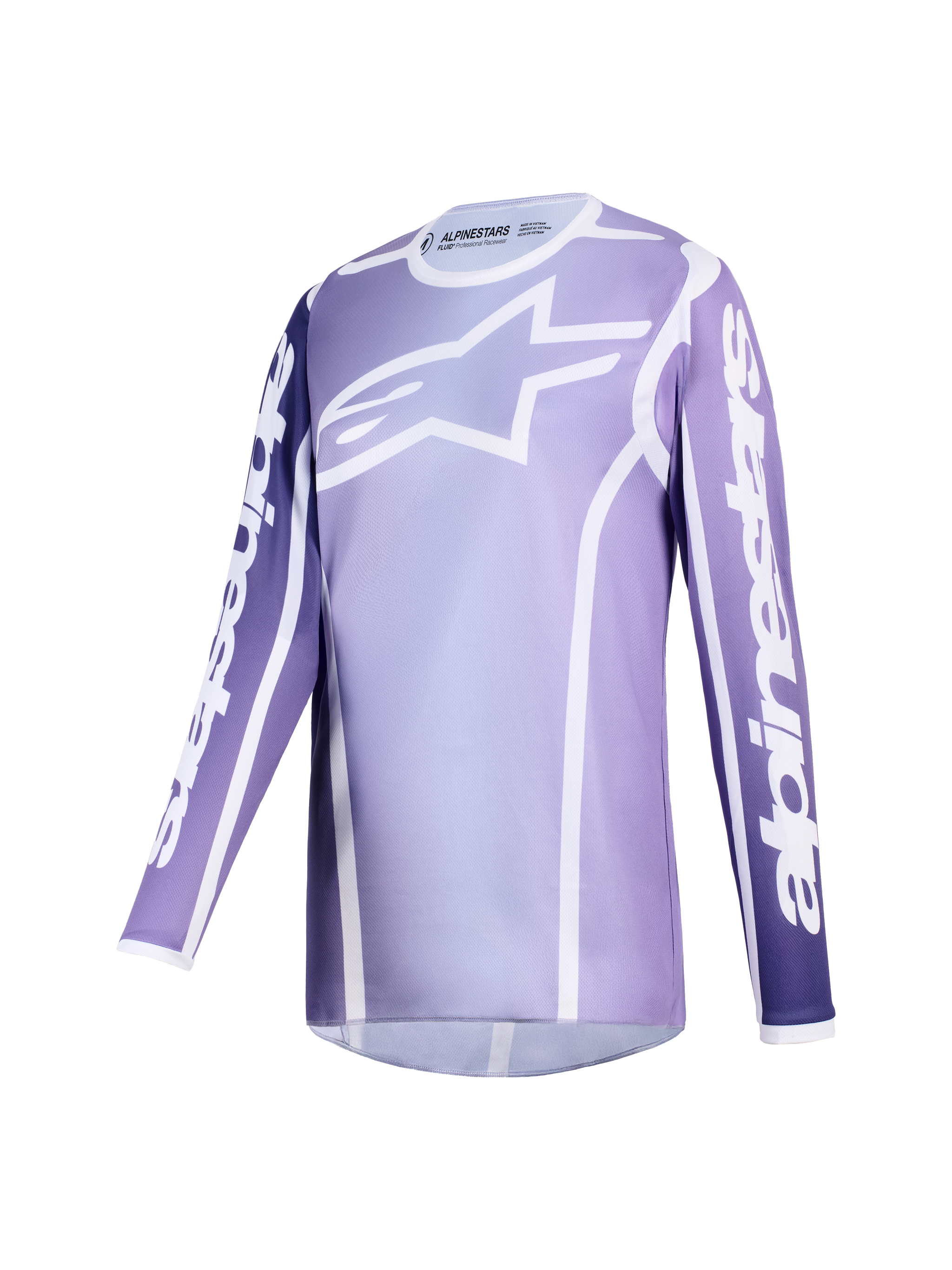 Alpinestars 2026 Woman Stella Fluid Apex Jersey, Motocross Jersey, Violet and White, featuring a large white Alpinestars star logo on the chest and white branding on the sleeves, athletic long-sleeve design for off-road performance