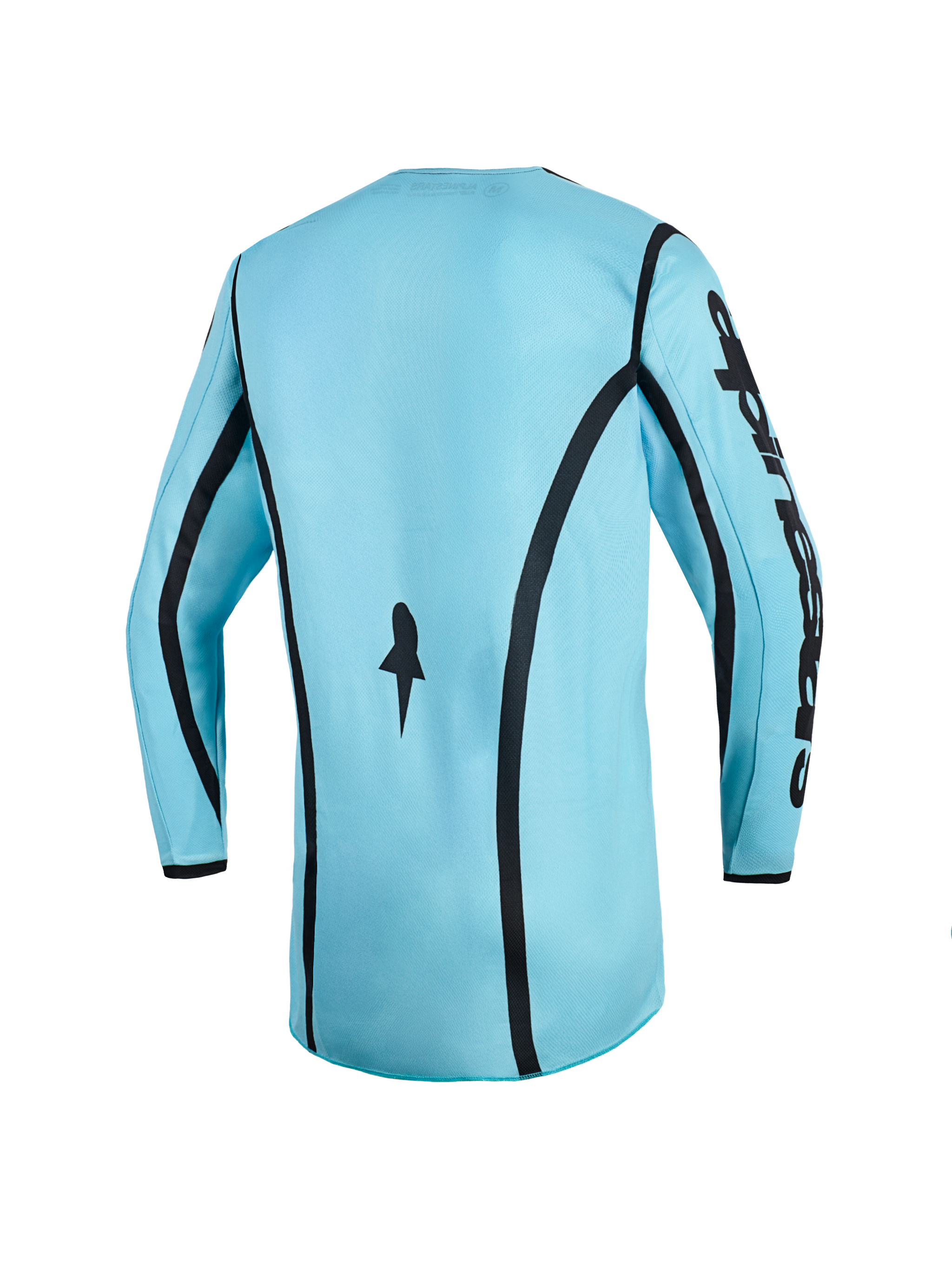 Alpinestars 2026 Woman Stella Fluid Apex Jersey, Motocross Jersey, Light Blue with Black accents, back view showing curved vertical stripes, Alpinestars branding on the sleeve, and extended rear cut for off-road performance.