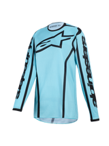 Alpinestars 2026 Woman Stella Fluid Apex Jersey, Motocross Jersey, Tropical Black colorway featuring light blue with black accents, large black Astars logo on the chest and branding on the sleeves, ergonomic sport collar, performance moisture-wicking polyfabric